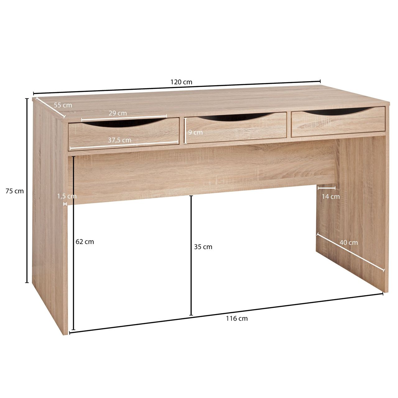 Wohnling Schreibtisch 120 cm Design Bürotisch Sonoma Eiche modern Jugendschreibtisch 3 Schubladen & Stauraum platzsparend