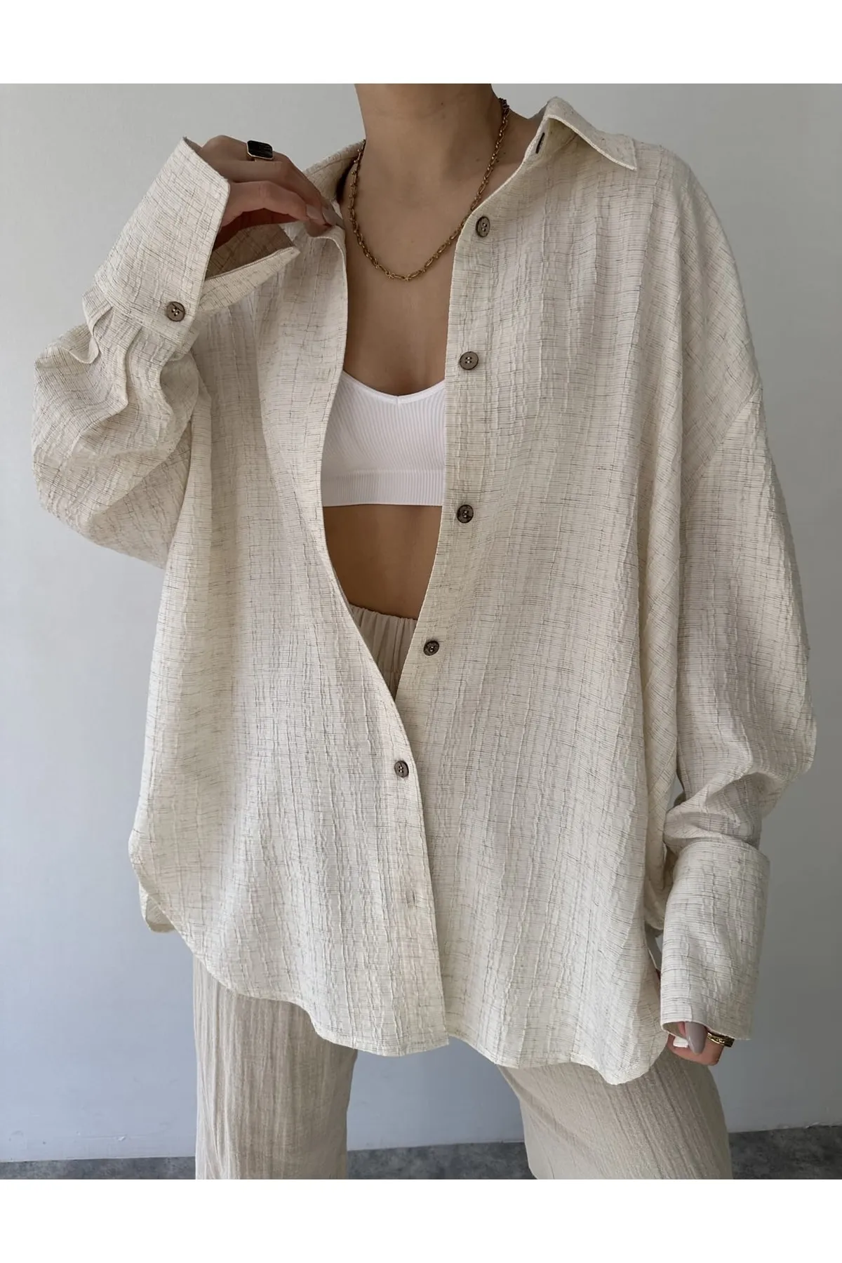 MAİ COLLECTİON  Beiges Durres-Leinen-Oversize-Hemd