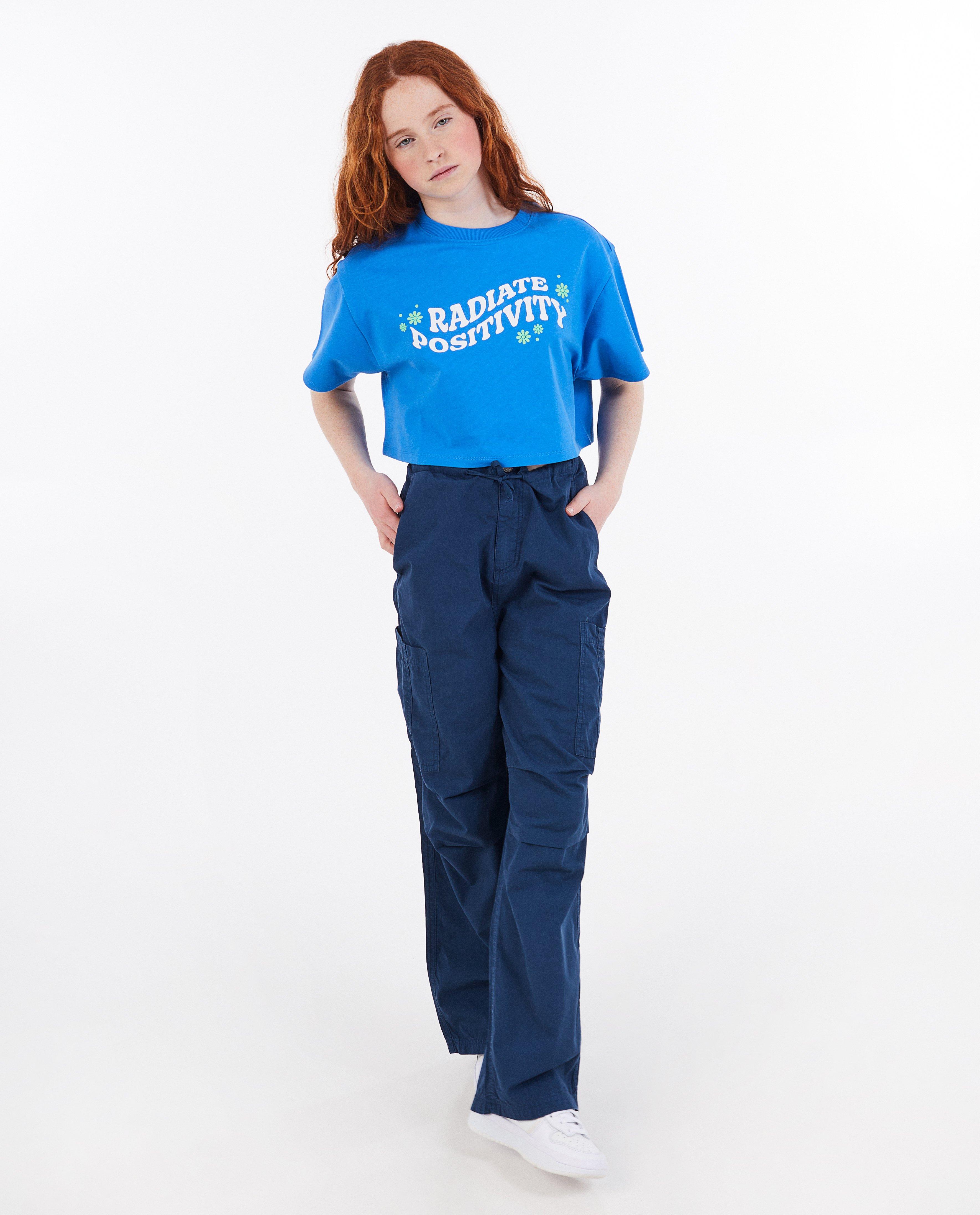 Groggy T-shirt med text, cropped fit blå