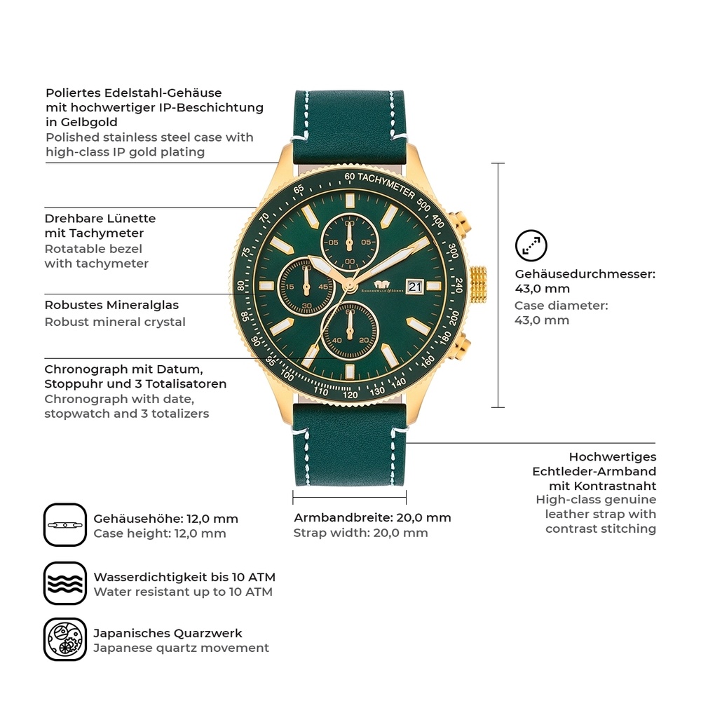 Rhodenwald & Söhne Chronographe Karthago II en Or jaune Cuir véritable en Vert Montre