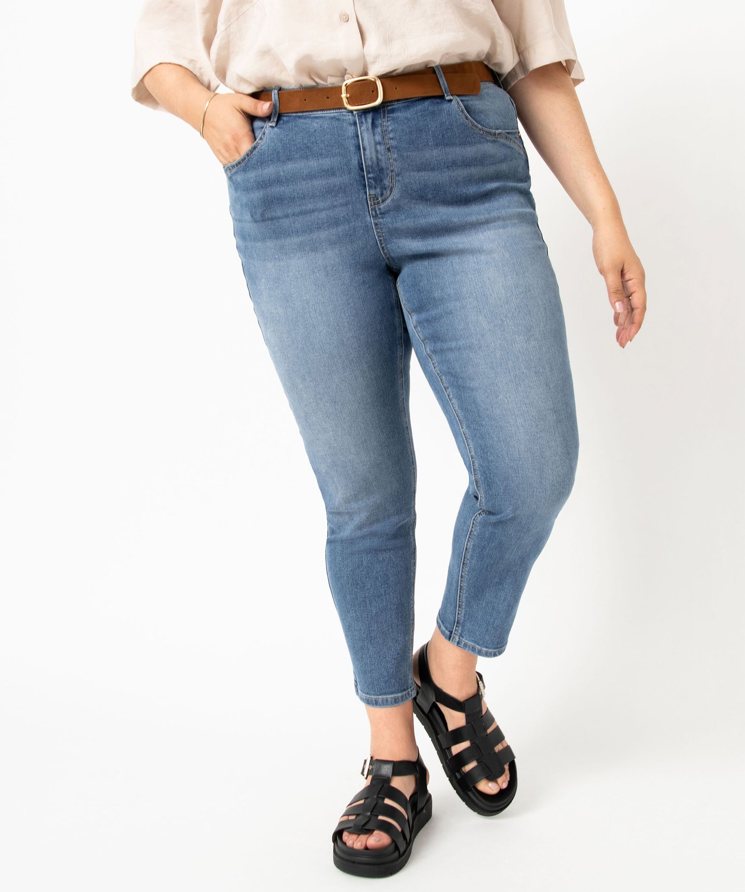 Jean slim 7/8e avec ceinture femme grande taille denim | GEMO