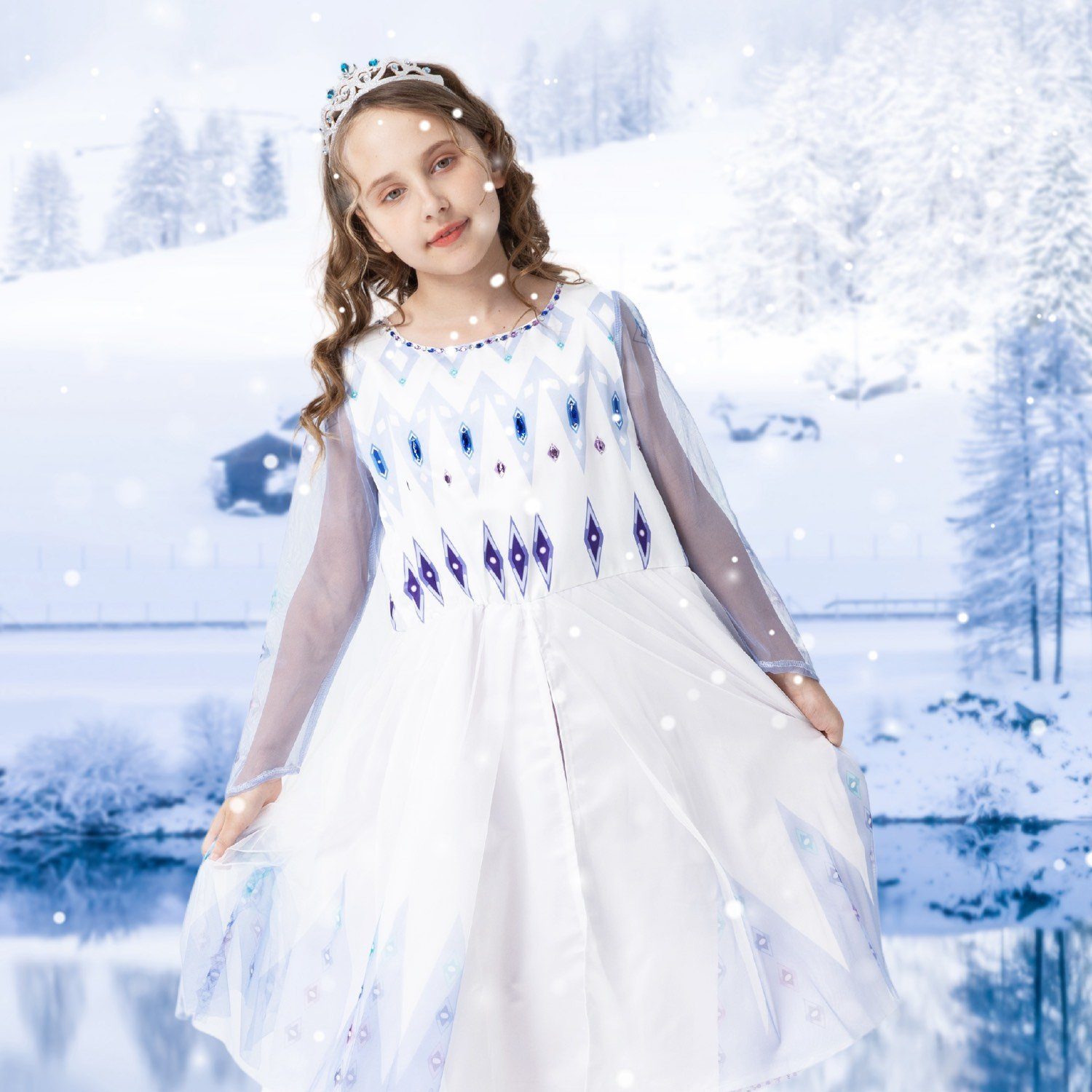Corimori Prinzessin-Kostüm Prinzessinnen-Kostüm Set für Elsa Fans, Kinder, Mit Eiskönigin Diadem, Tattoo-Bogen für Mädchen, Karneval, Fasching