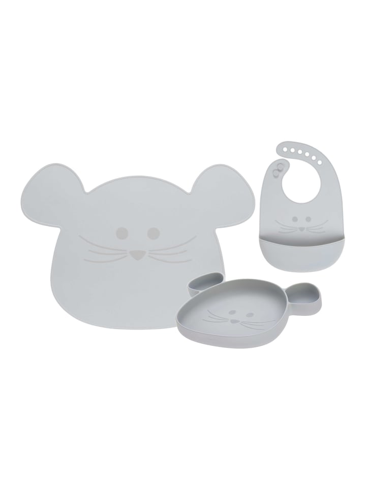 Lässig 3er Set Silikon Geschirrset mit Lätzchen Little Chums in Maus grau günstig kaufen onesize