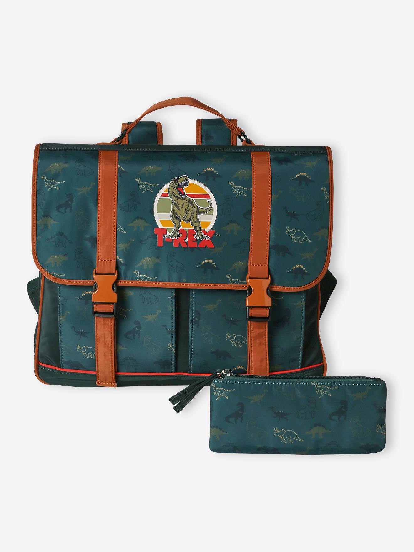 Cartable + trousse dinosaures garçon vert sapin
