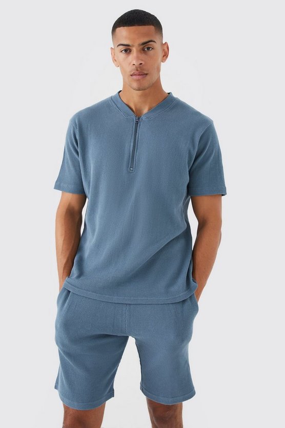 Slim-Fit Bomber-Poloshirt & Shorts in Waffeloptik
