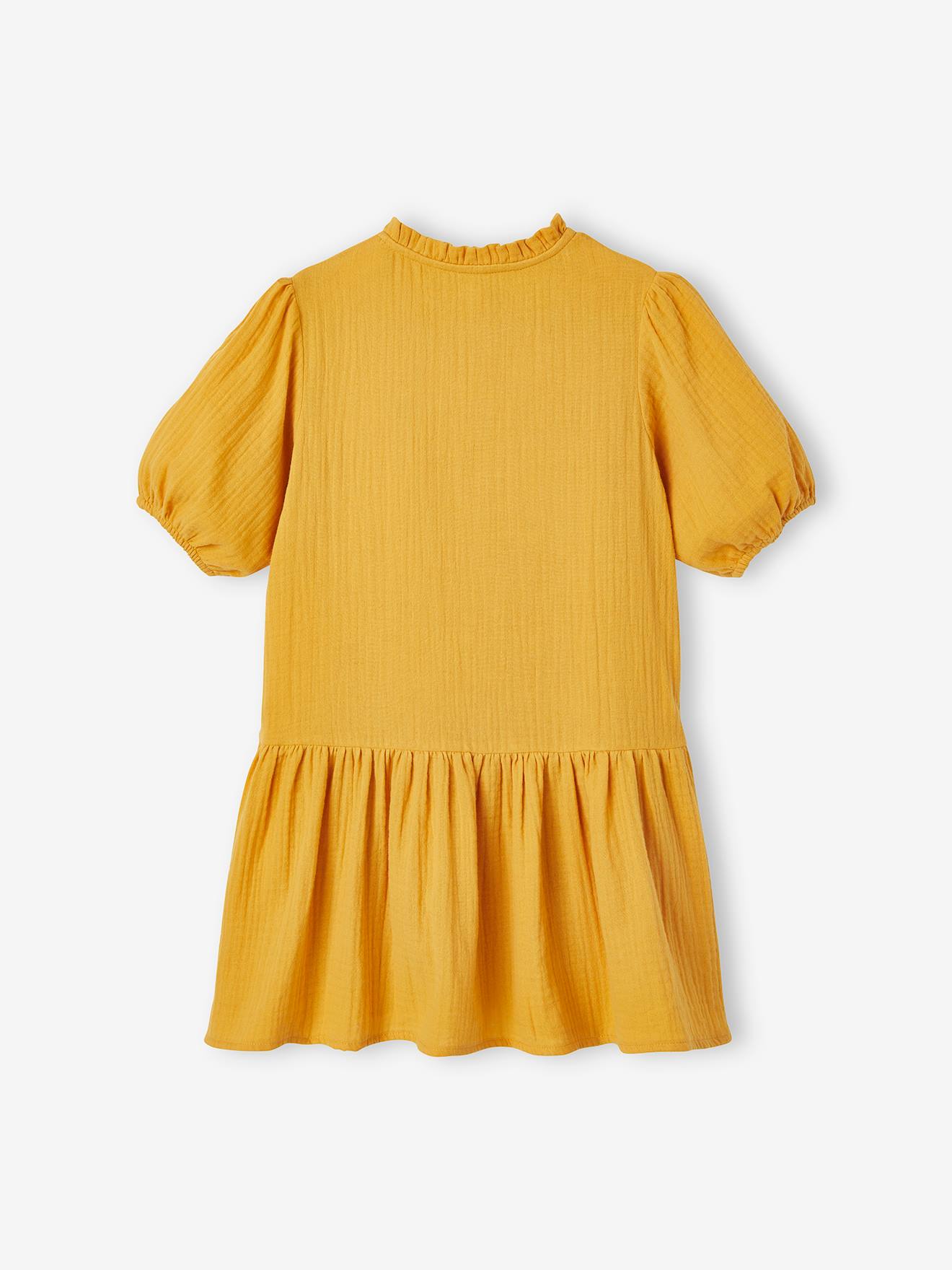 Robe boutonnée en gaze de coton fille manches 3/4 blush