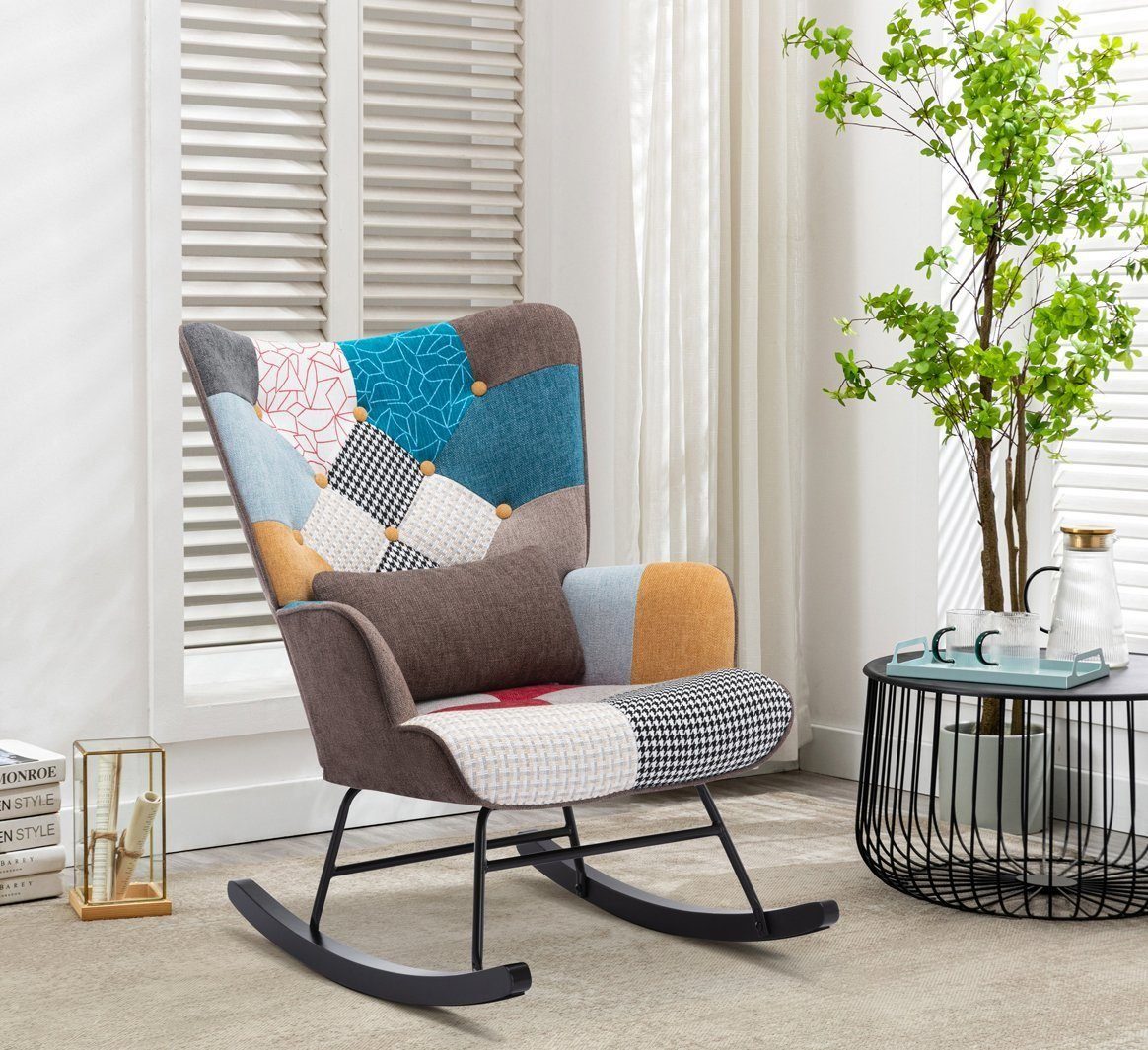 HomeMiYN Schaukelstuhl Schaukelstuhl Patchwork Sessel Schwingsessel Relaxstuhl Wohnzimmer, Aus holz