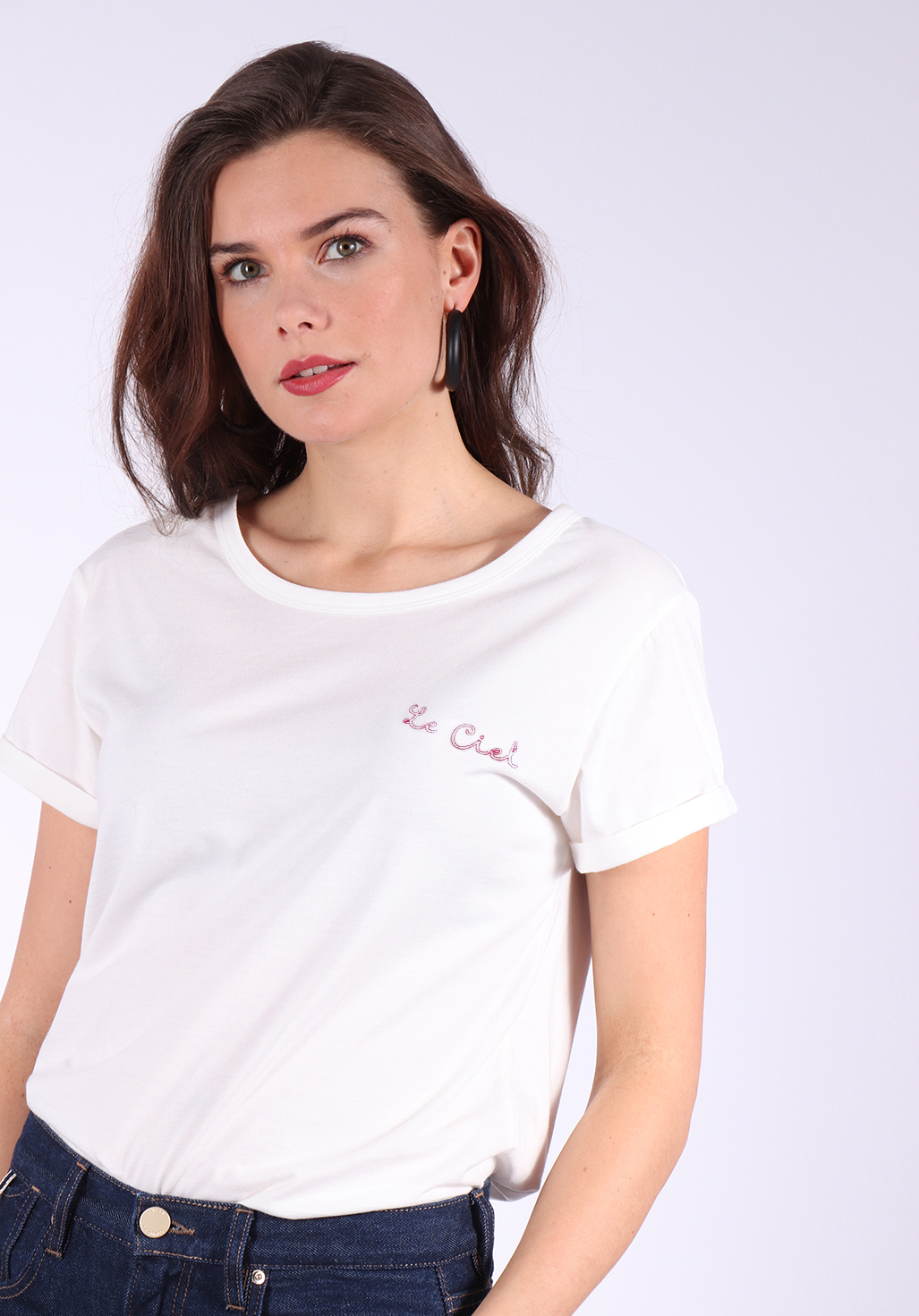 JULIA  T-shirt Jean de Nîmes blanc en jersey 100% coton, confectionné et produit en France, à Barentin, Normandie.