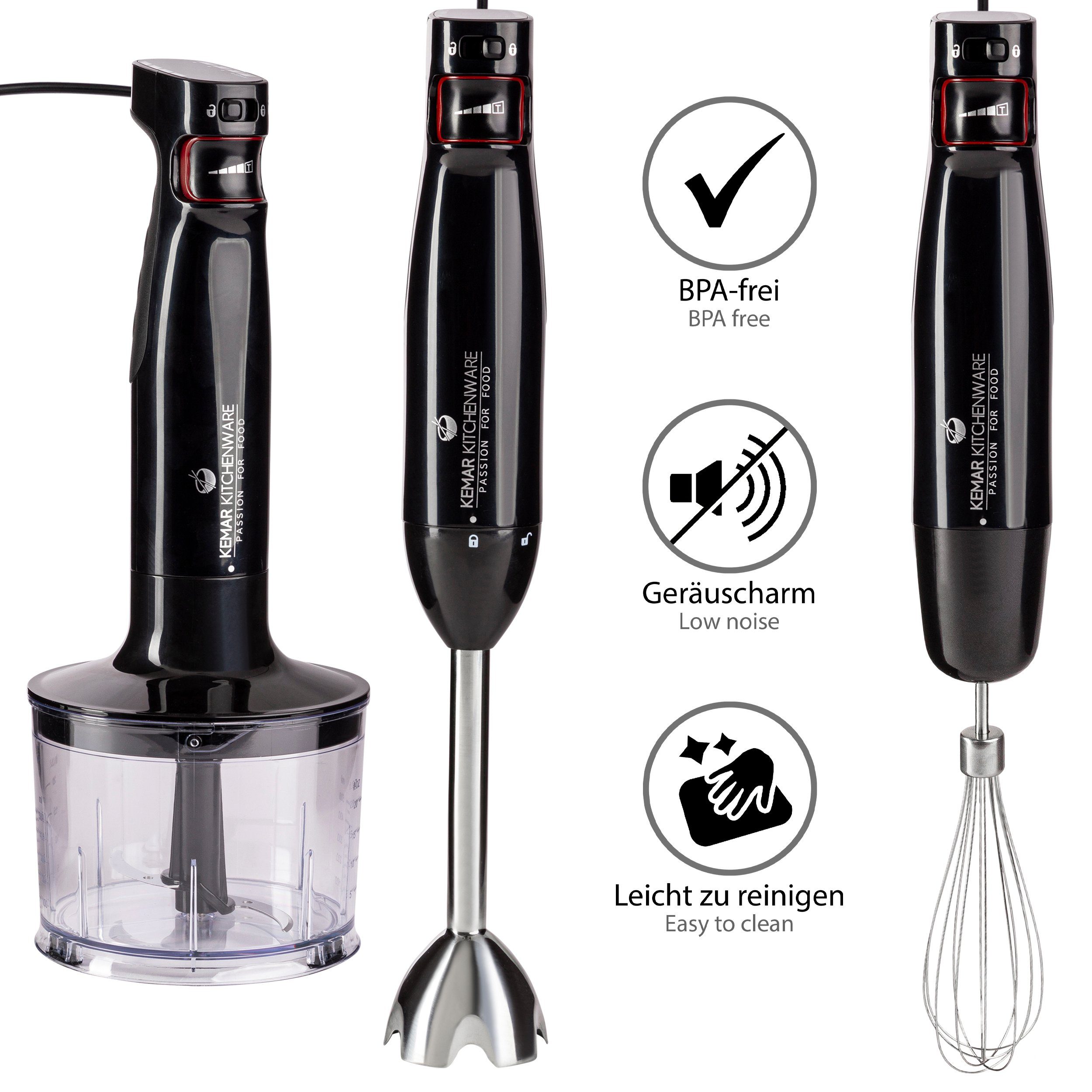 KeMar Kitchenware Stabmixer KSM-1000 Stabmixer-Set, 1000 W, 17.000 U/min Aufbewahrungsständer Messbecher Titan Klinge