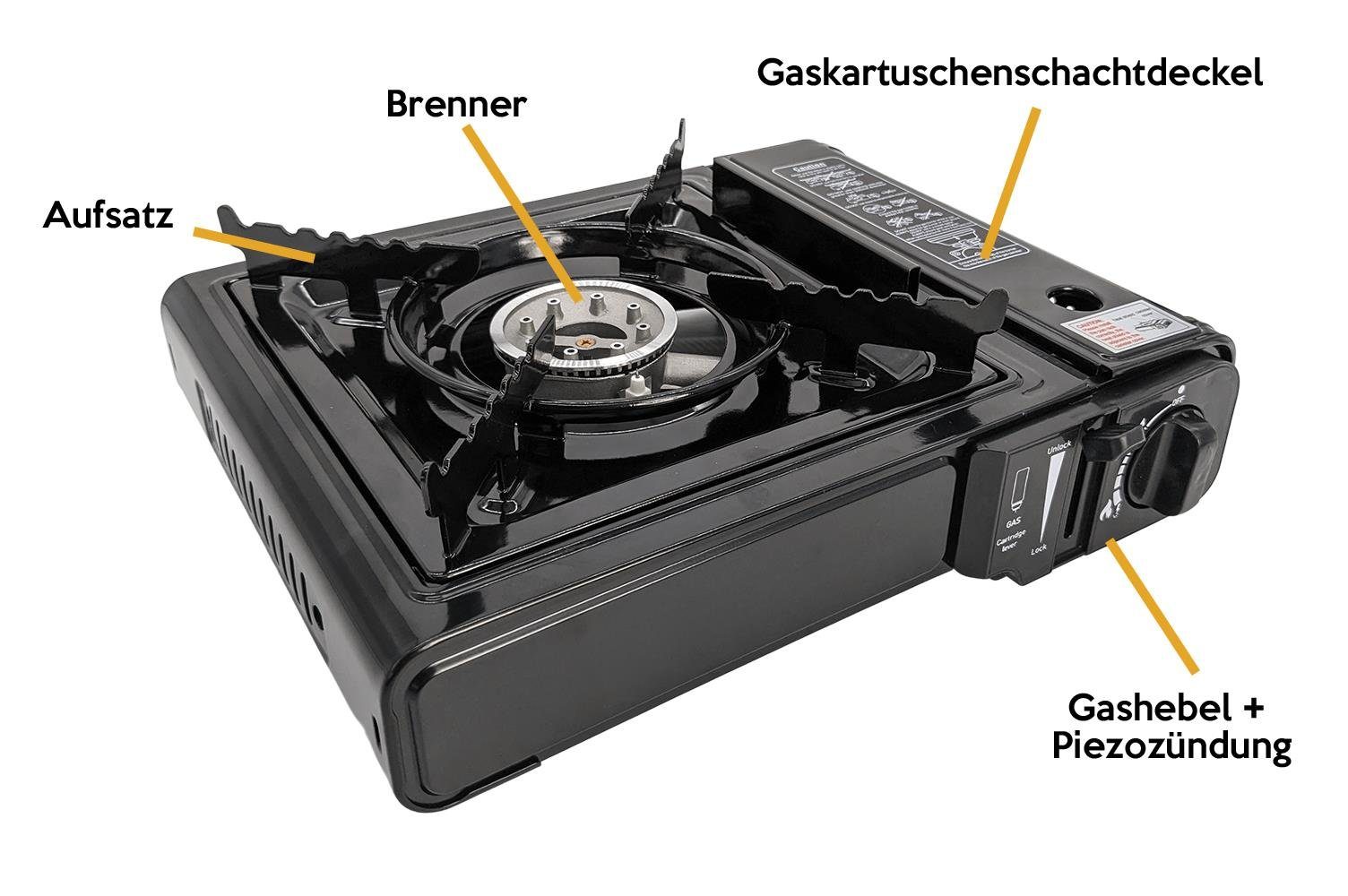 Morleos Gaskocher Campingkocher Gaskocher Outdoor Camping Piezo Kocher + 8x Gaskartusche, (2,2KW Kocher + Gas)