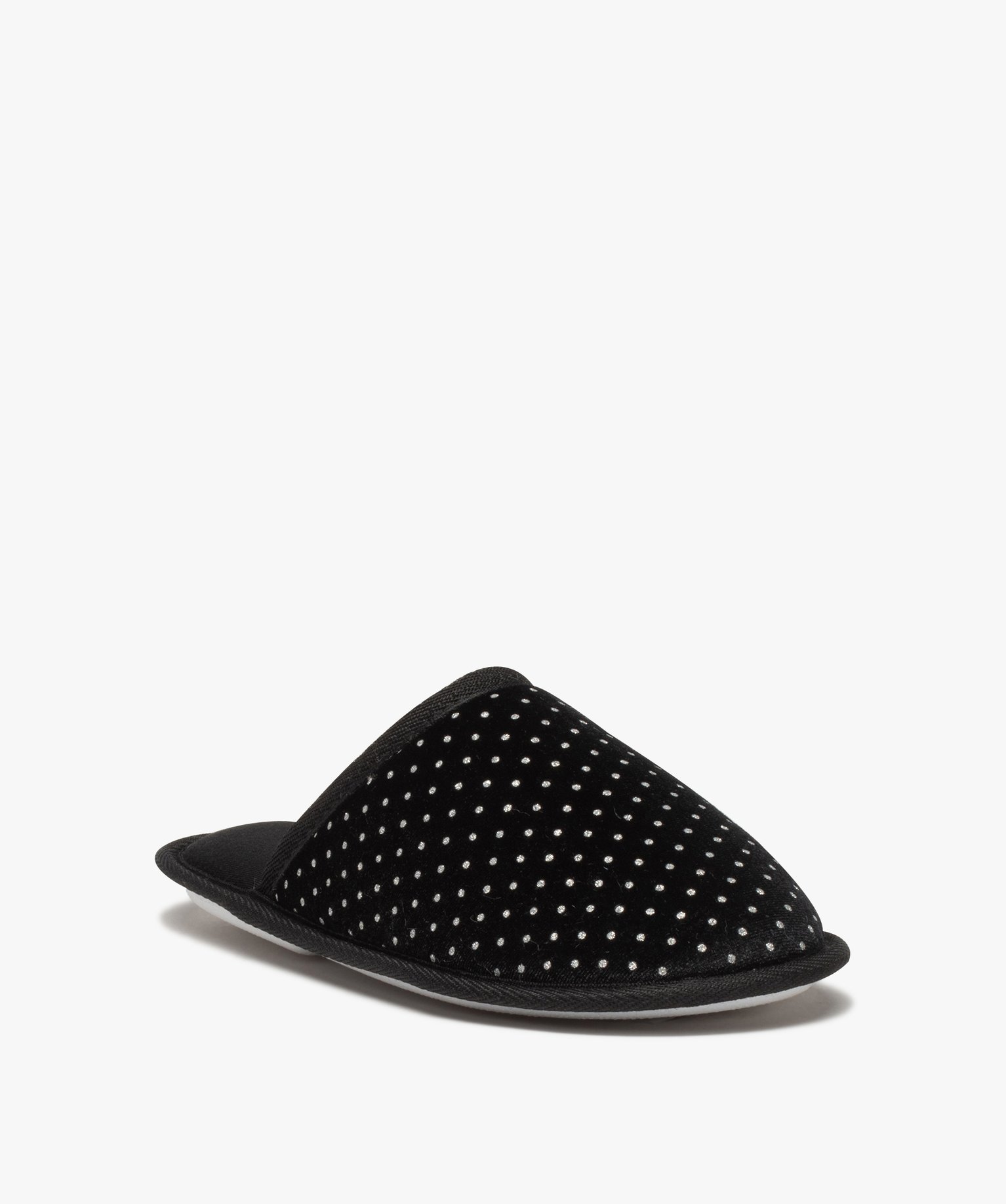 Chaussons femme mules plates en velours à pois brillants noir | GEMO
