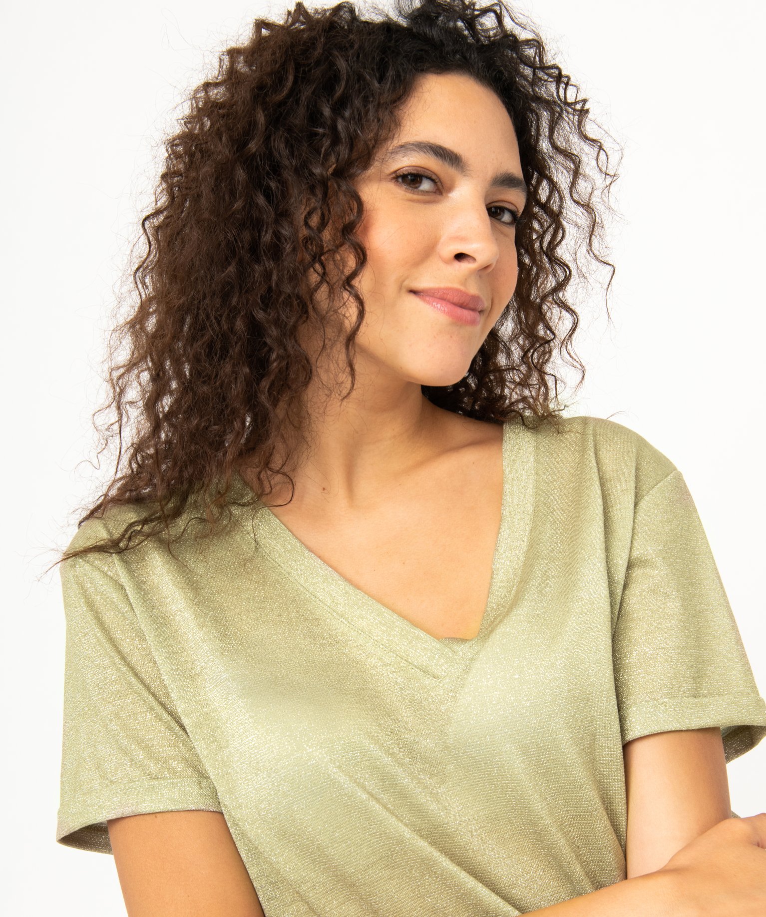 Tee-shirt à manches courtes en maille pailletée femme kaki | GEMO