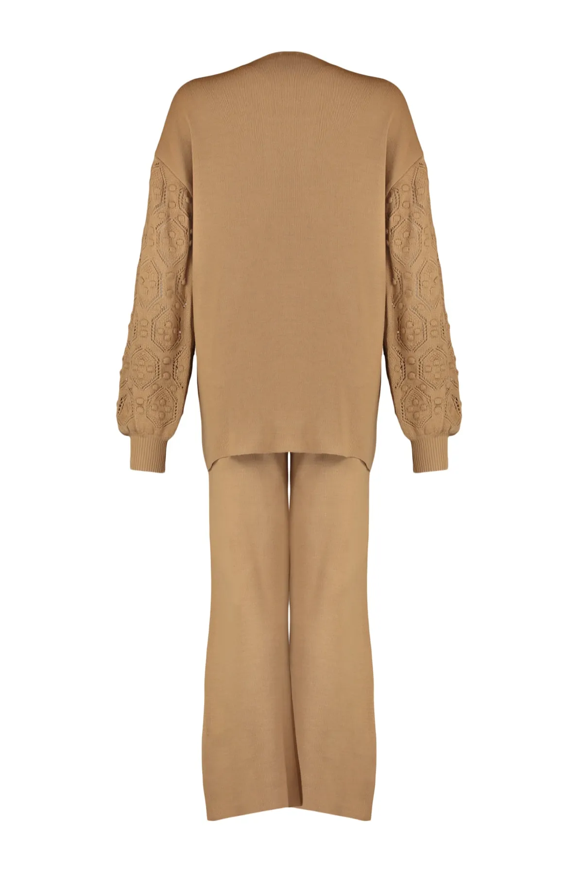 Trendyol Modest  Beiges durchbrochenes Strickpullover-Hosen-Strickwarenset mit Ärmeln TCTAW23US00087