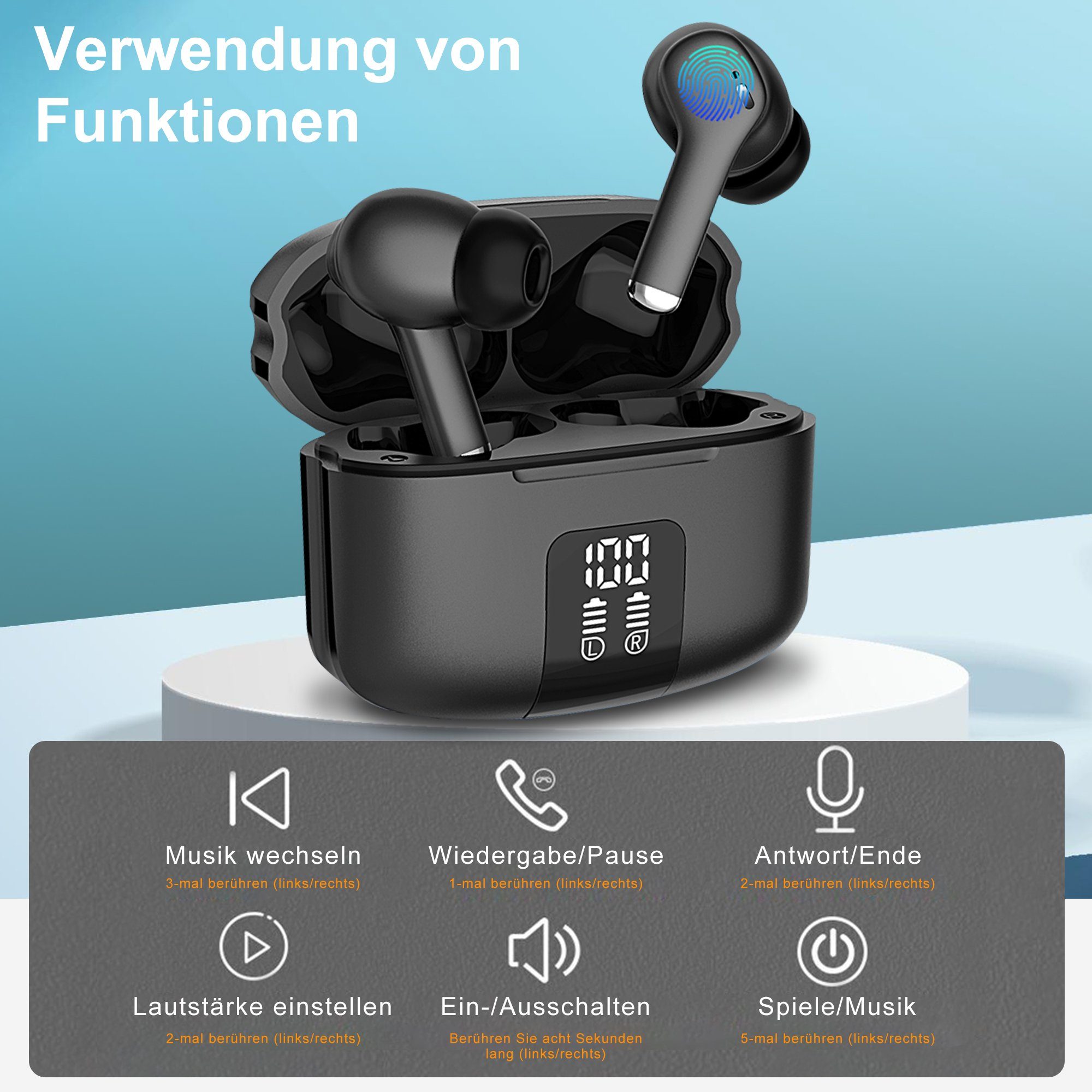 Vbrisi Bluetooth Kopfhörer, True Wireless Bluetooth 5.3 IPX5 wasserdicht In-Ear-Kopfhörer (Voice Assistant, Rauschunterdrückung, Bluetooth)