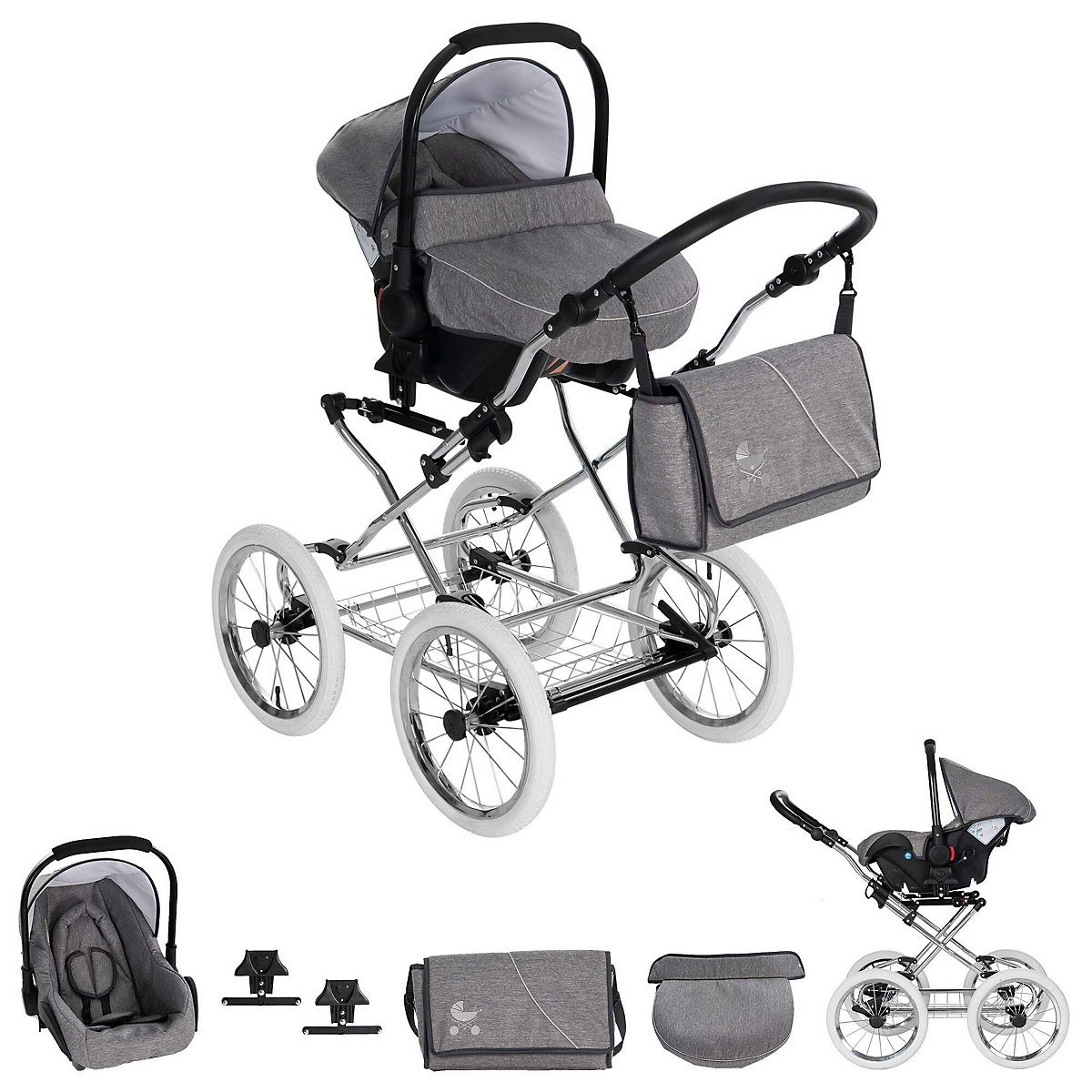 München | 3 in 1 Kombi Kinderwagen Komplettset | Nostalgie Kinderwagen Kombikinderwagen