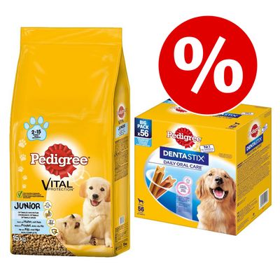 15 kg Pedigree Junior + 56 St. Dentastix für große Hunde zum Sonderpreis!