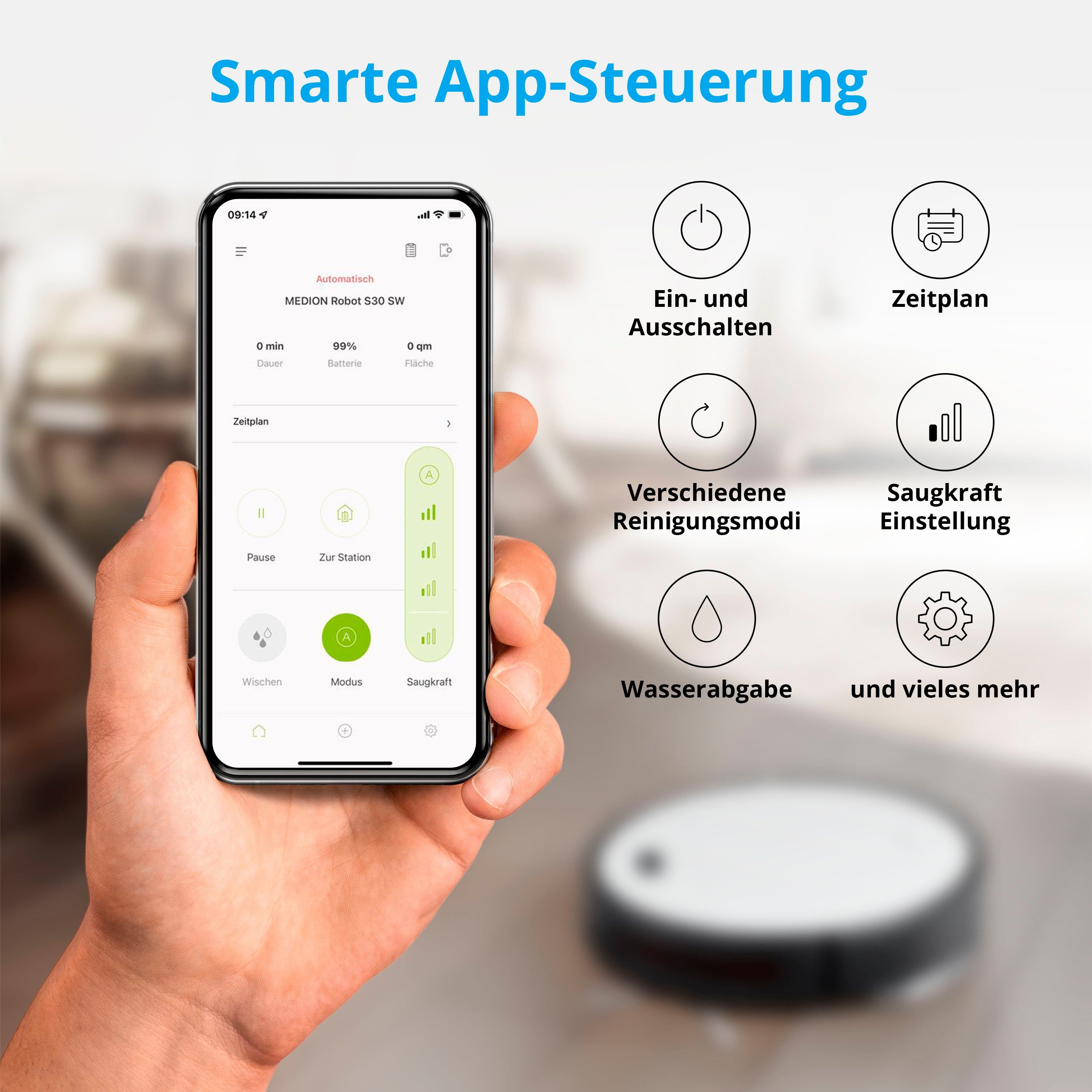 Medion® Nass-Trocken-Saugroboter S30 SW MD 20021, App + Alexa, Laufzeit bis zu 140 Min, regulierbare Wasserabgabe
