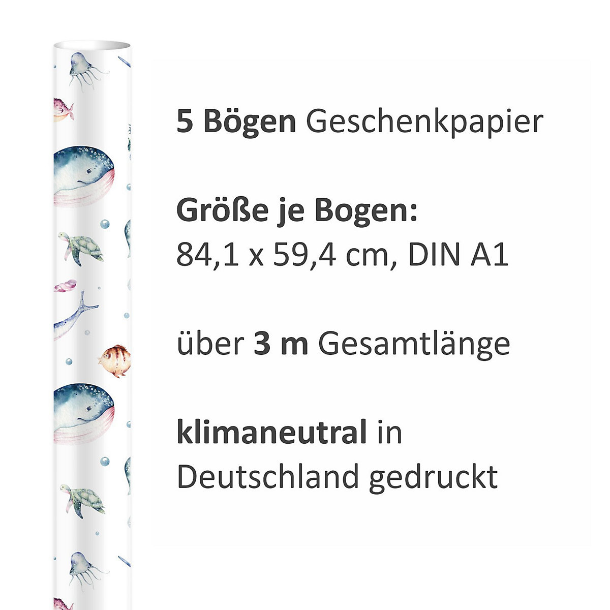 Geschenkpapier 5 Bögen Meerestiere bunt Aquarell – 1,60€/qm Größe: - 84,1 x 59,4 cm Geschenkpapier
