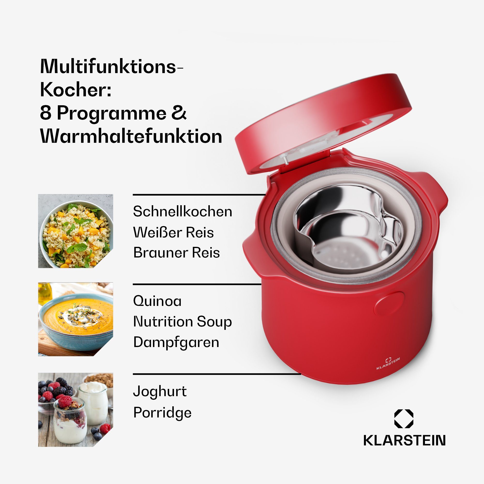Klarstein Reiskocher Kenbu, 350 W, mit dampfgarer Elektrisch Multifunktions Kocher Rot
