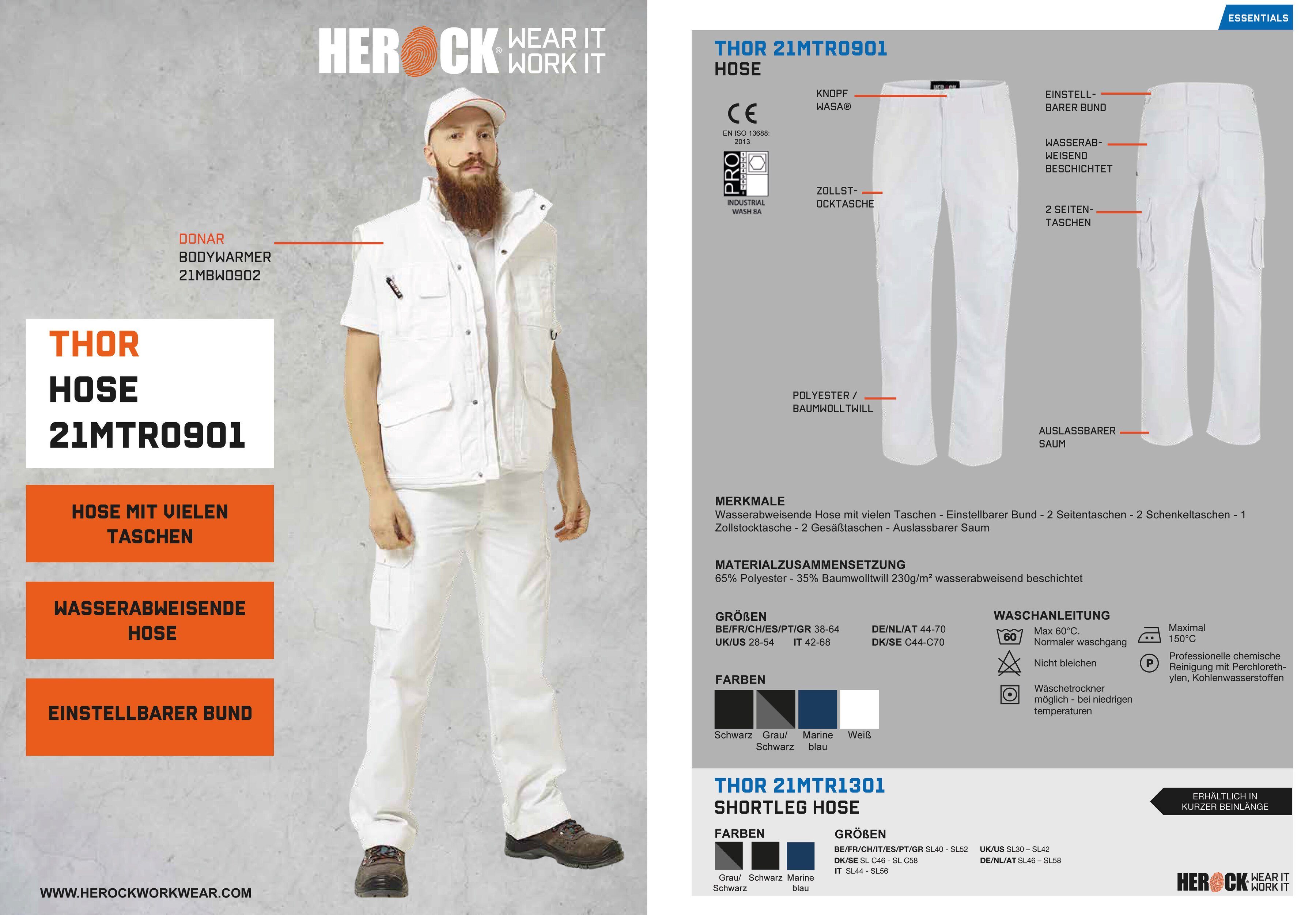Herock Arbeitshose Thor Hose Wasserabweisend, 7 Taschen, einstellbarer Bund, leicht, viele Farben