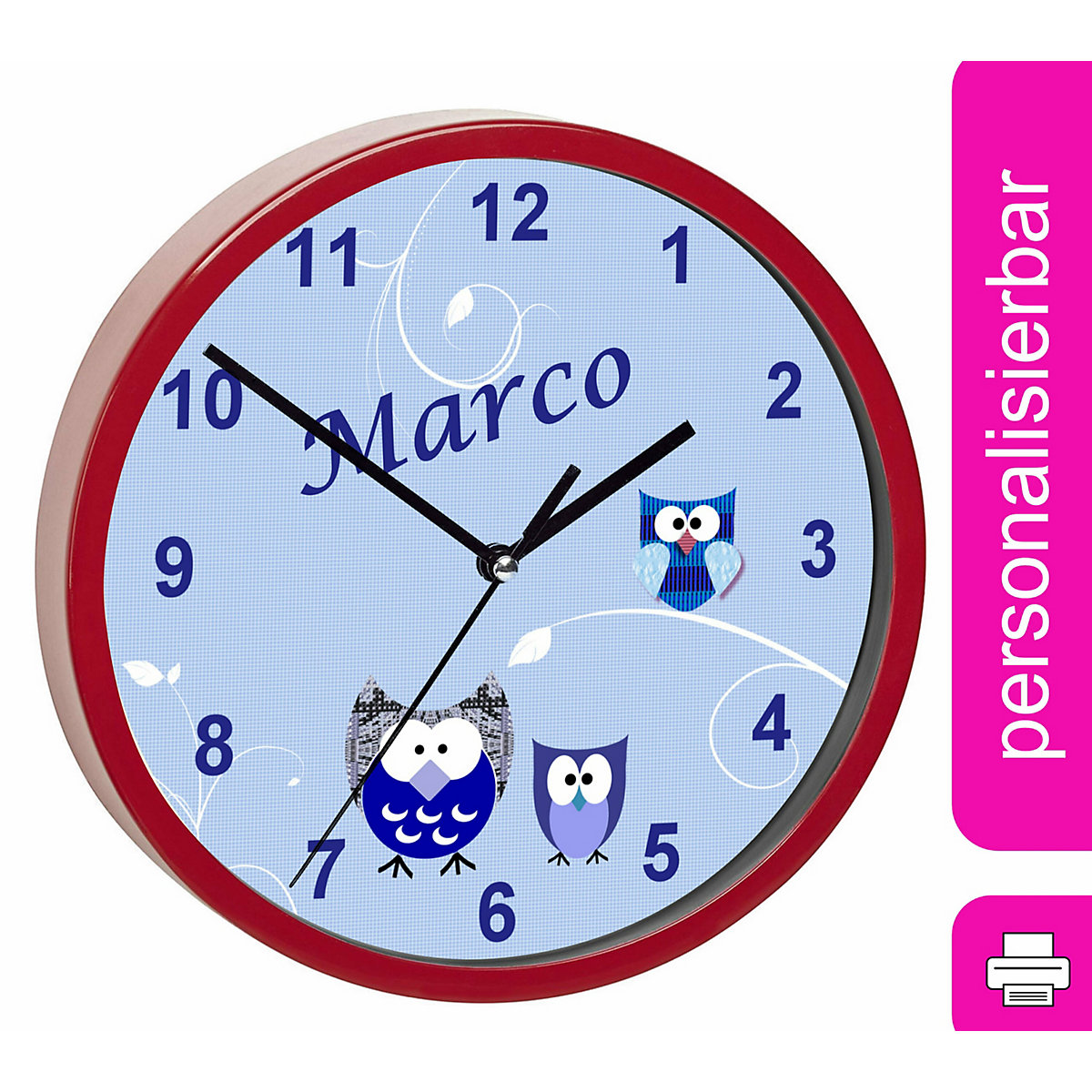 Kinder Wanduhr personalisiert mit Name Eule Blau