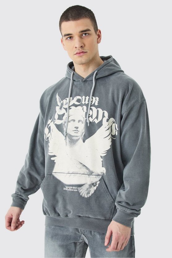 Tall Oversize Hoodie mit Acid-Waschung und Homme-Print