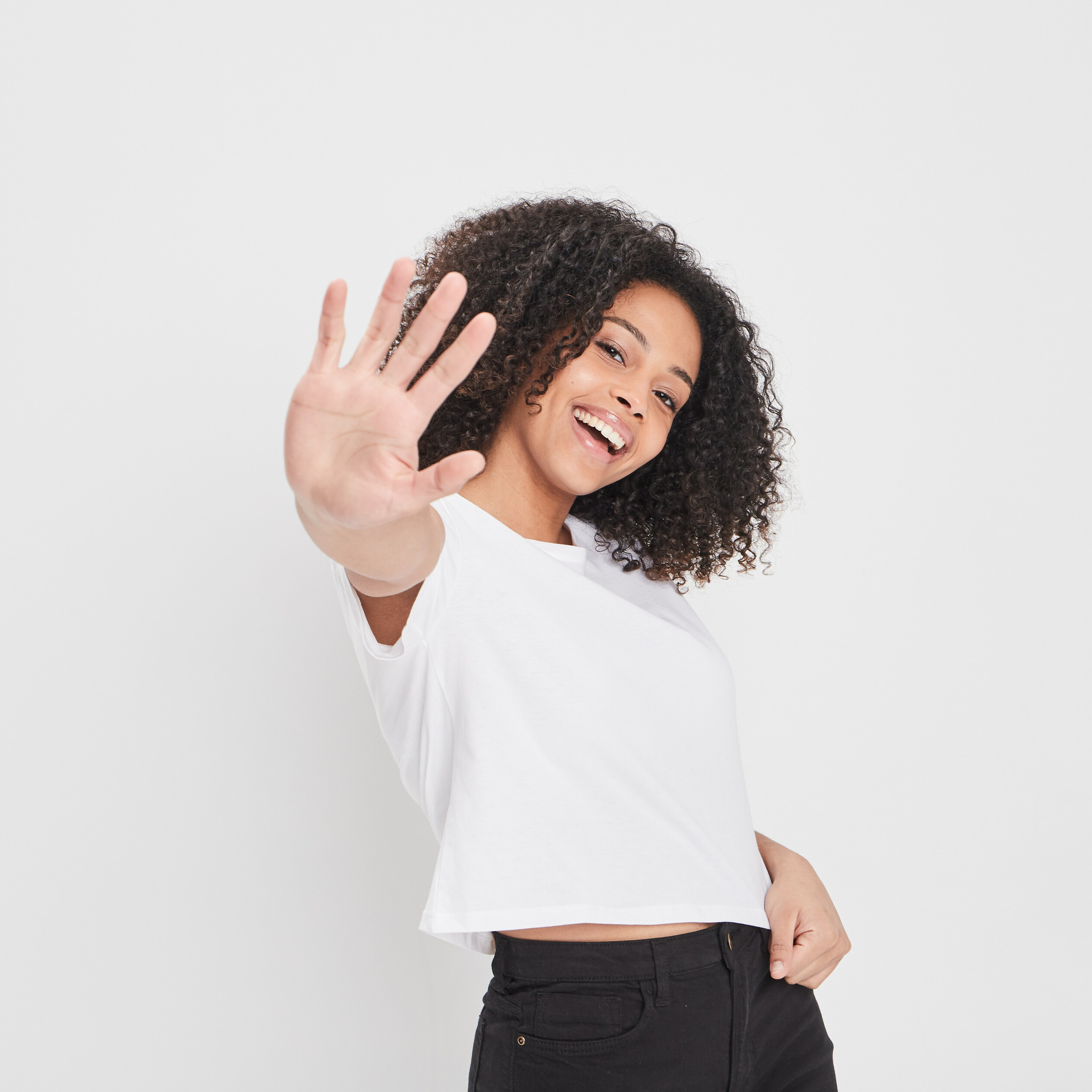 T-shirt cropped col rond blanc femme | La Halle