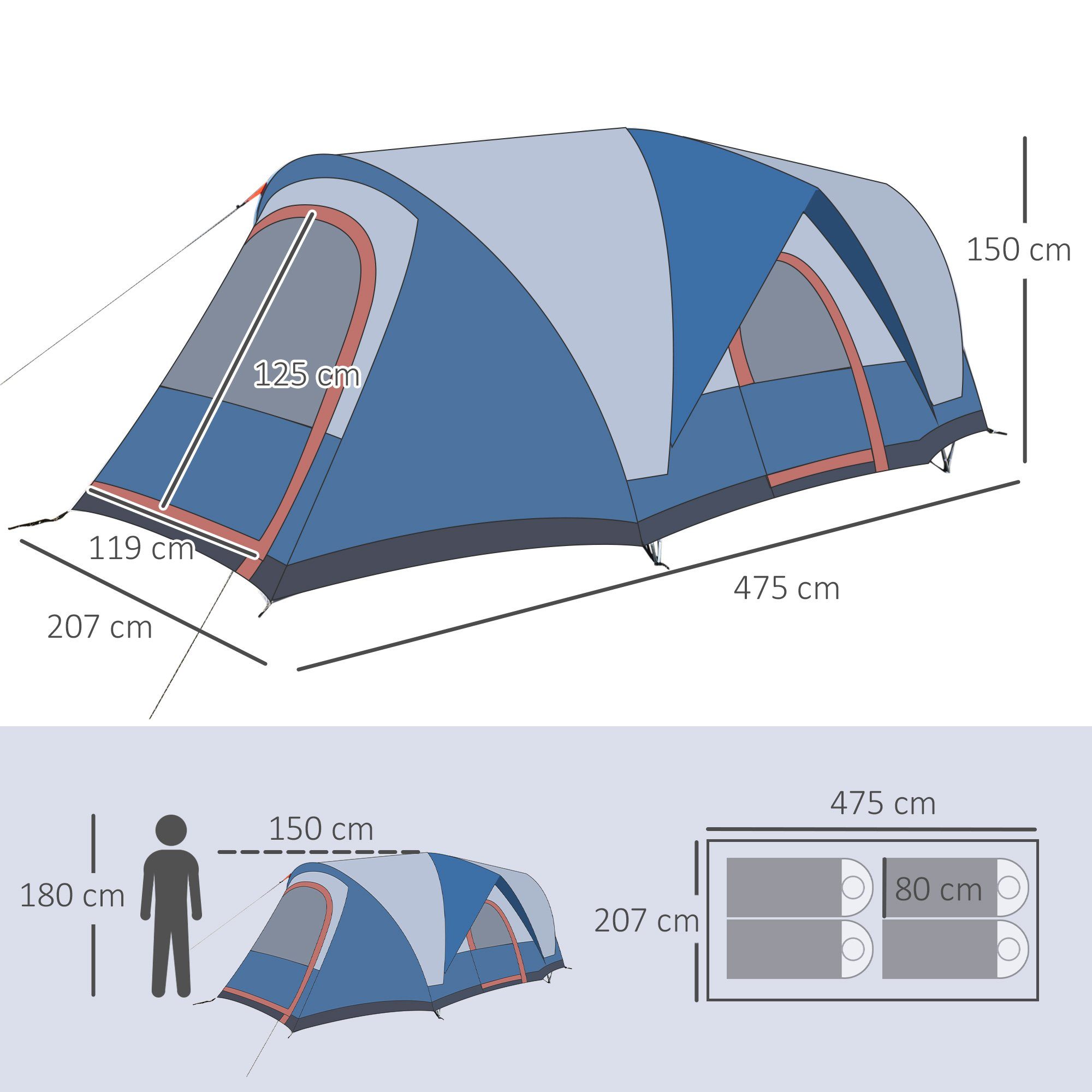 Outsunny Faltzelt Campingzelt für 4 Personen, Personen: 4 (Gruppenzelt mit Tragetasche, 45 tlg., Tunnelzelt), BxLxH: 207x475x150 cm
