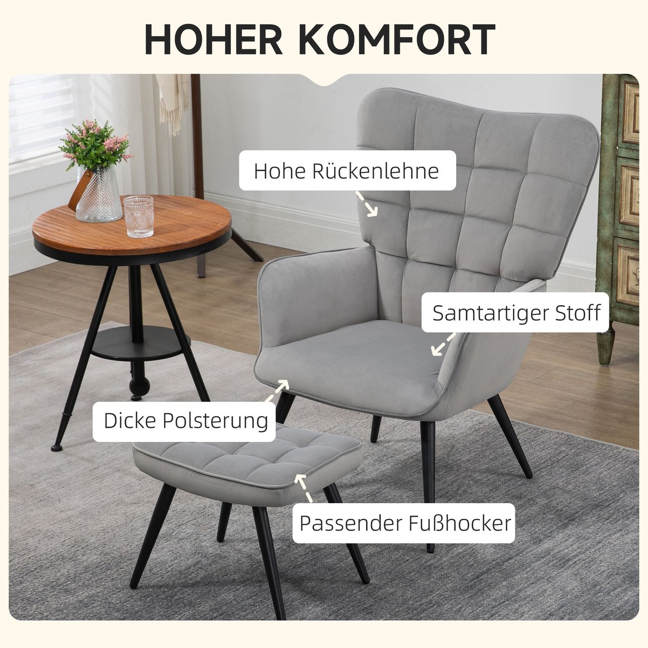 HOMCOM Ohrensessel mit Hocker, Relaxsessel, Loungesessel mit Samtoptik