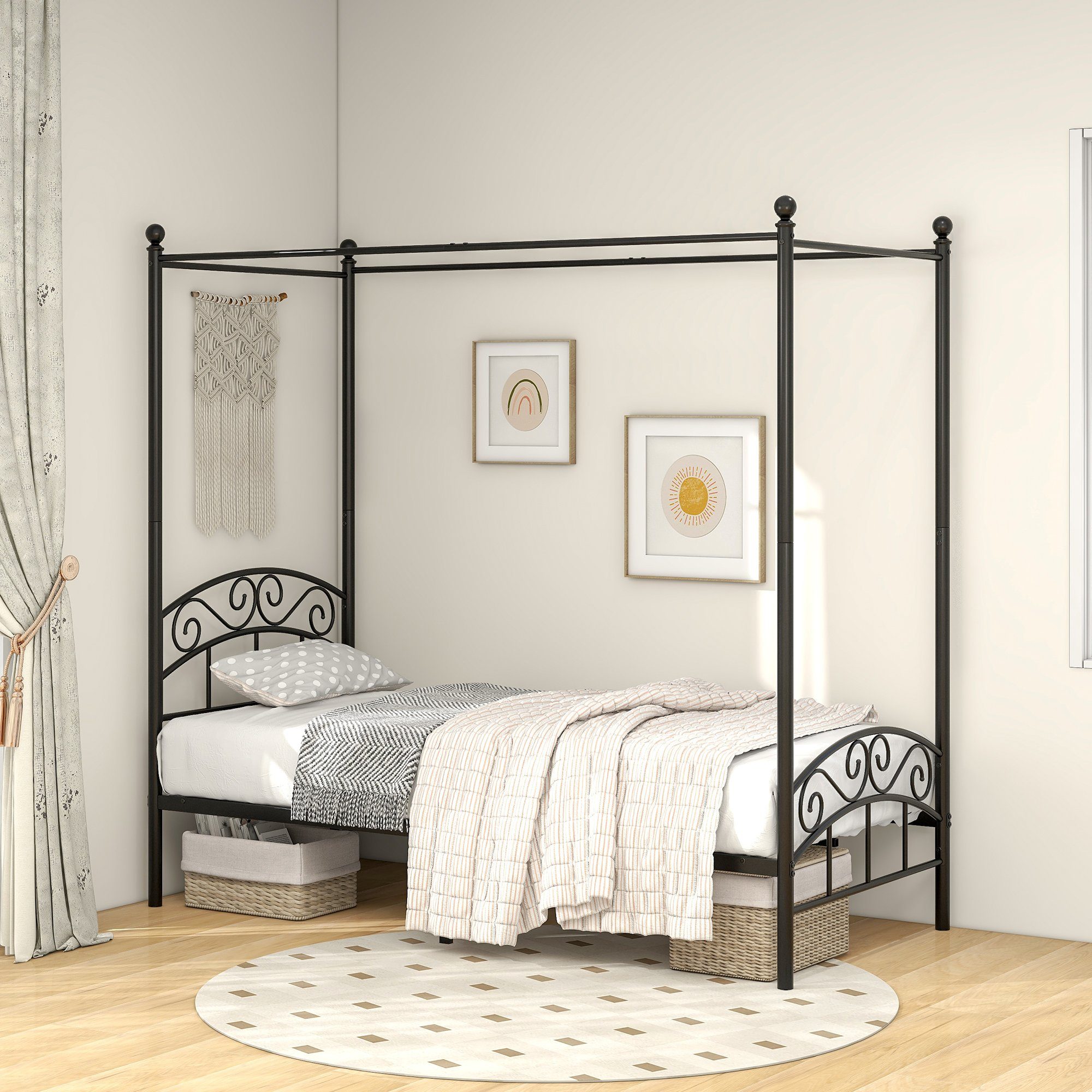 OKWISH Metallbett Einzelbett, Himmelbett-Gestell Metall Himmelbett Eisenbett (Schlafzimmerbett Bettrahmen 90x190cm, mit Himmel Metallbett Klassisch Design), Ohne Matratze