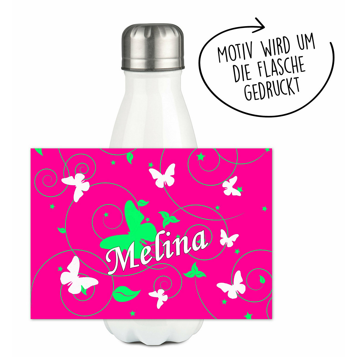 Edelstahl Kinder Thermoflasche / Trinkflasche bunt Schmetterling Ornamente Farbe pink apfelgrün Spülmaschinenfest, Auslaufsicher, Bruchfest, Doppelwandig, Für Heißgetränke geeignet, Mit Deckel, I