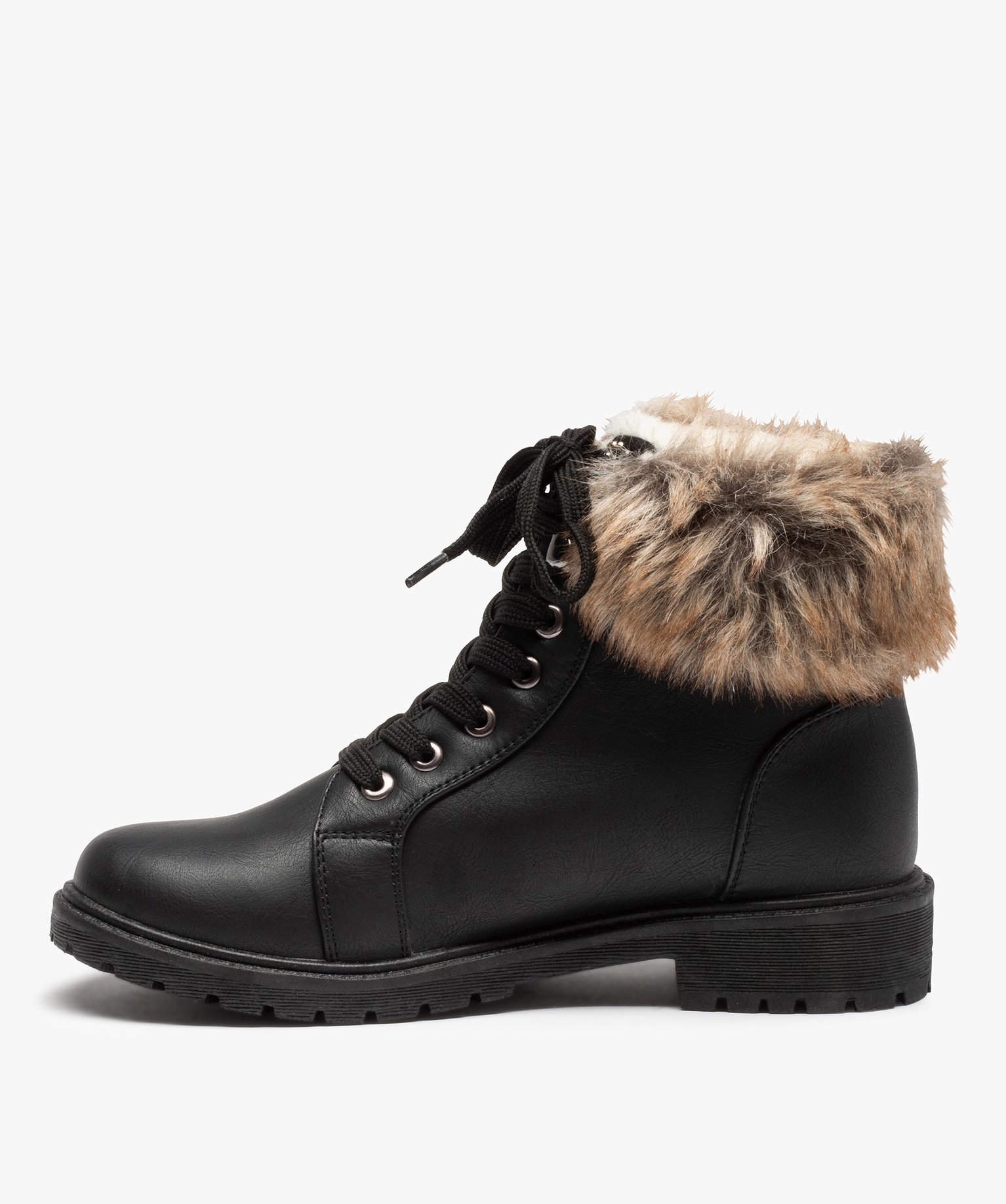 Boots fourrées femme col peluche et fermeture lacets noir | GEMO