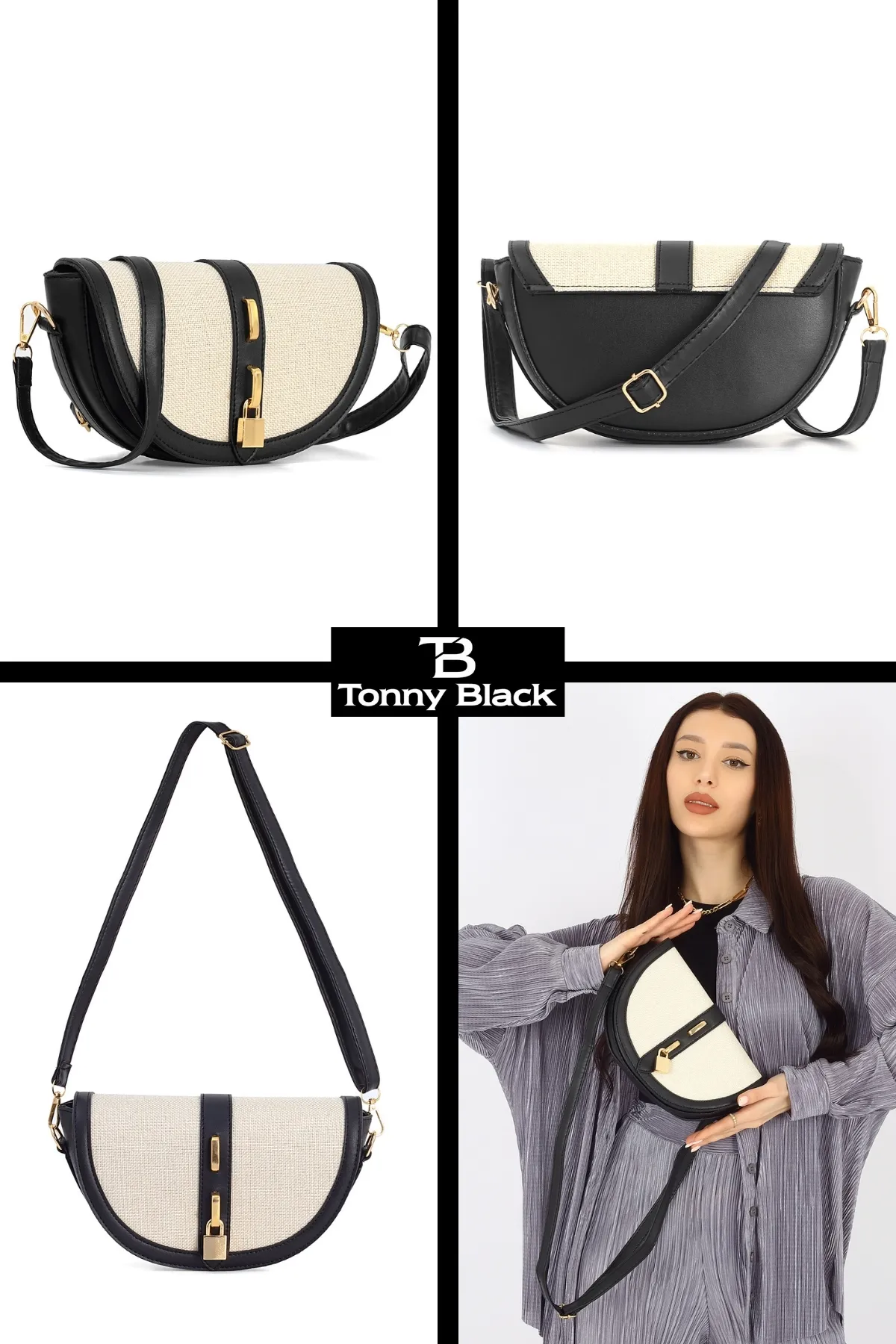 Tonny Black  Original Cross Strap Schwarz Creme Kontrast Design Stilvolle minimalistische Hand- und Schultertasche mit Schloss-Accessoire