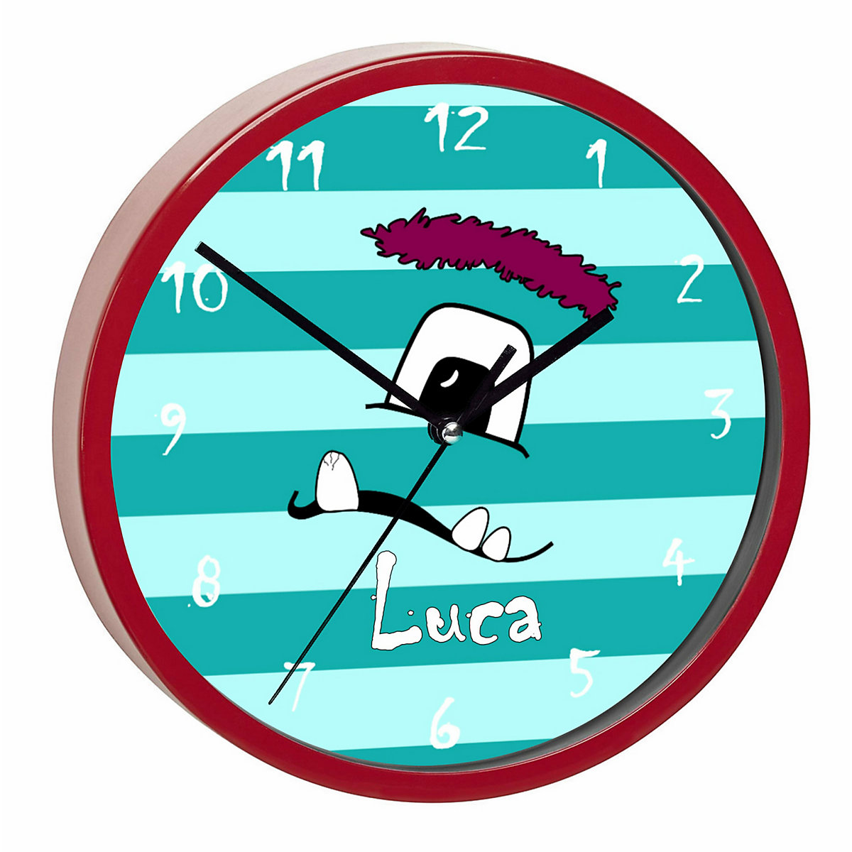Kinder Wanduhr personalisiert mit Name Monster Streifen türkis