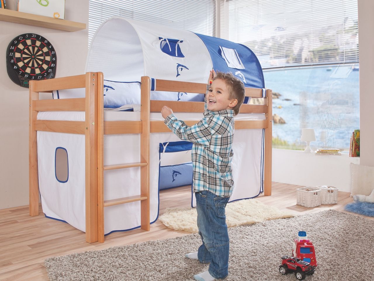Relita Halbhohes Spielbett ALEX Buche massiv natur lackiert mit Stoffset weiß/delfin
