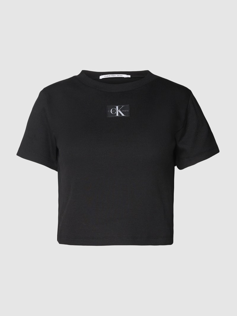 T-Shirt in Feinripp-Optik Modell 'BADGE' in black