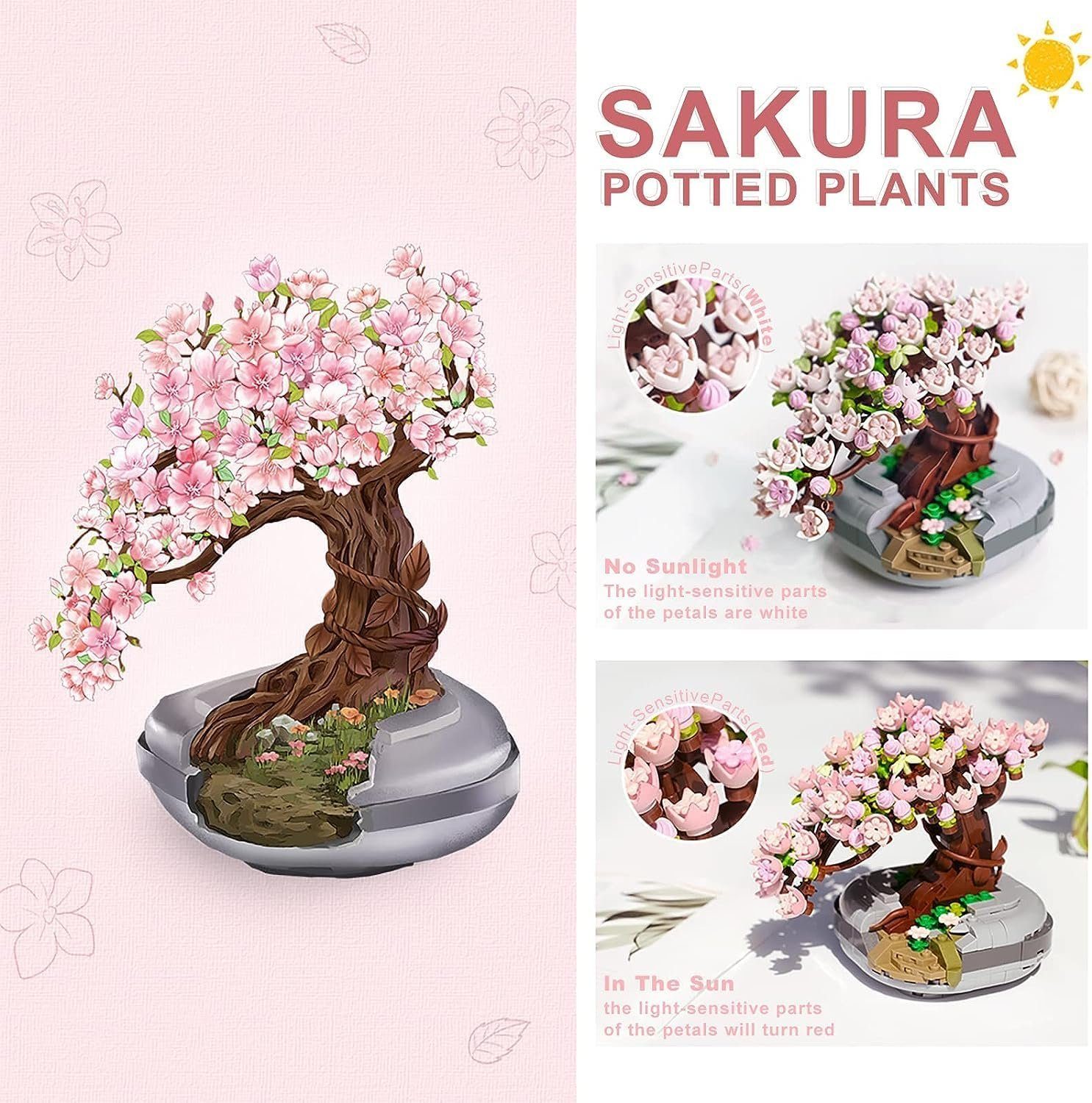 Kunstbonsai Kunstbonsai Sakura Tree Kunstpflanzen Spielbausteine Konstruktionsspi Kirschblüten, KINOMI, Nicht Kompatibel Mit Lego Baustein Geschenk
