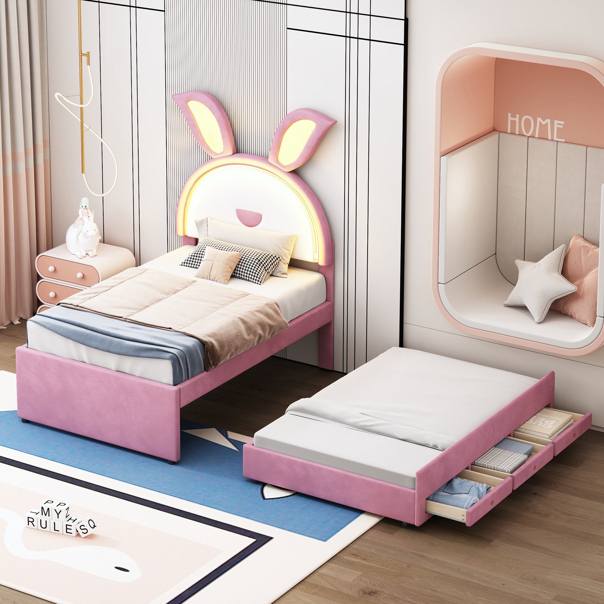 OKWISH Kinderbett Stauraumbett Gästebett Bett Polsterbett (Samtstoff Multifunktionales gepolstertes Einzelbett-Schlafsofa, mit ausziehbarem Bett, Stauraumschublade und farbwechselndem LED-Licht), ohne Matratze, 90 x 200 cm