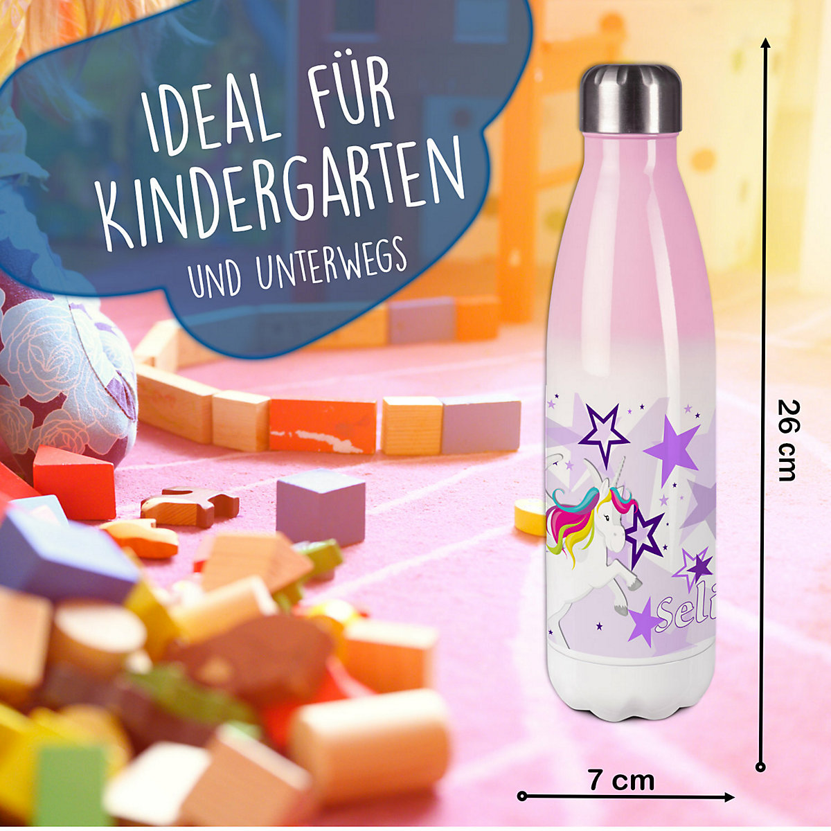 Edelstahl Kinder Thermoflasche / Trinkflasche bunt Pegasus Sterne Farbe lila Spülmaschinenfest, Auslaufsicher, Bruchfest, Doppelwandig, Für Heißgetränke geeignet, Mit Deckel, Isoliert