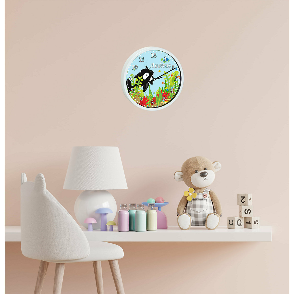 Kinder Wanduhr personalisiert mit Name Unterwasserwelt