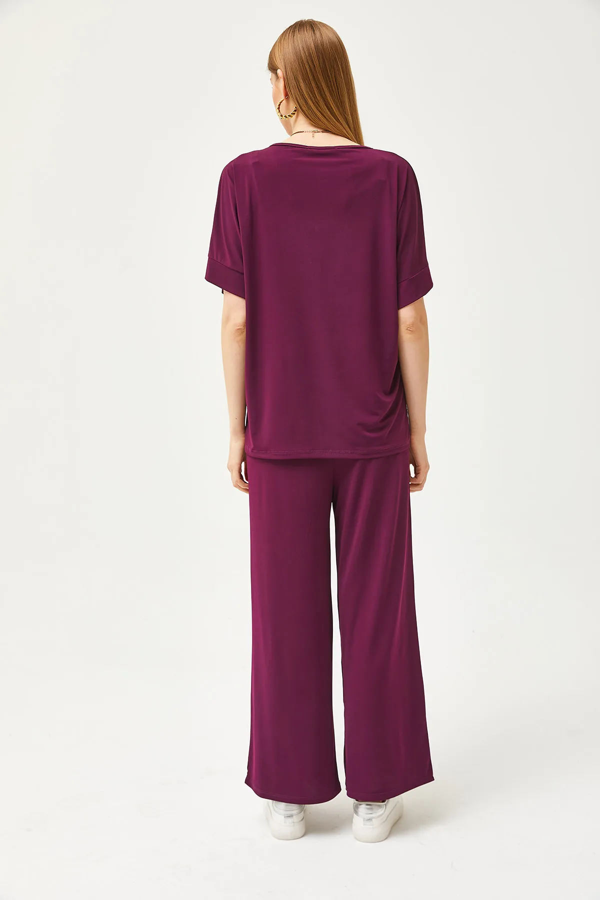 Olalook  Damen Pflaume Top Bluse Unterteil Palazzo Locker Strick Set TKM-19000267