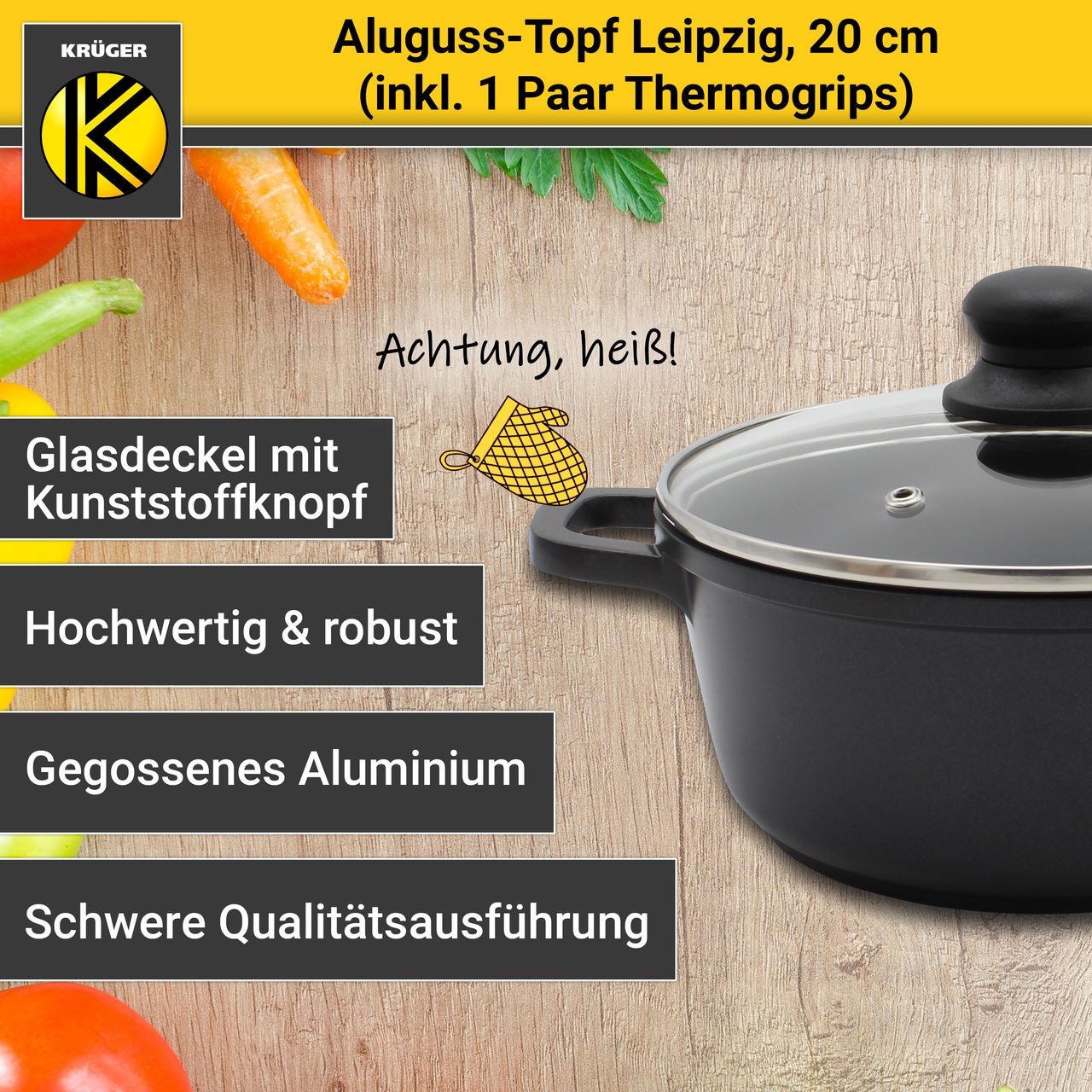 Karl Krüger Aluguss Fleischtopf LEIPZIG mit Deckel, 20 cm
