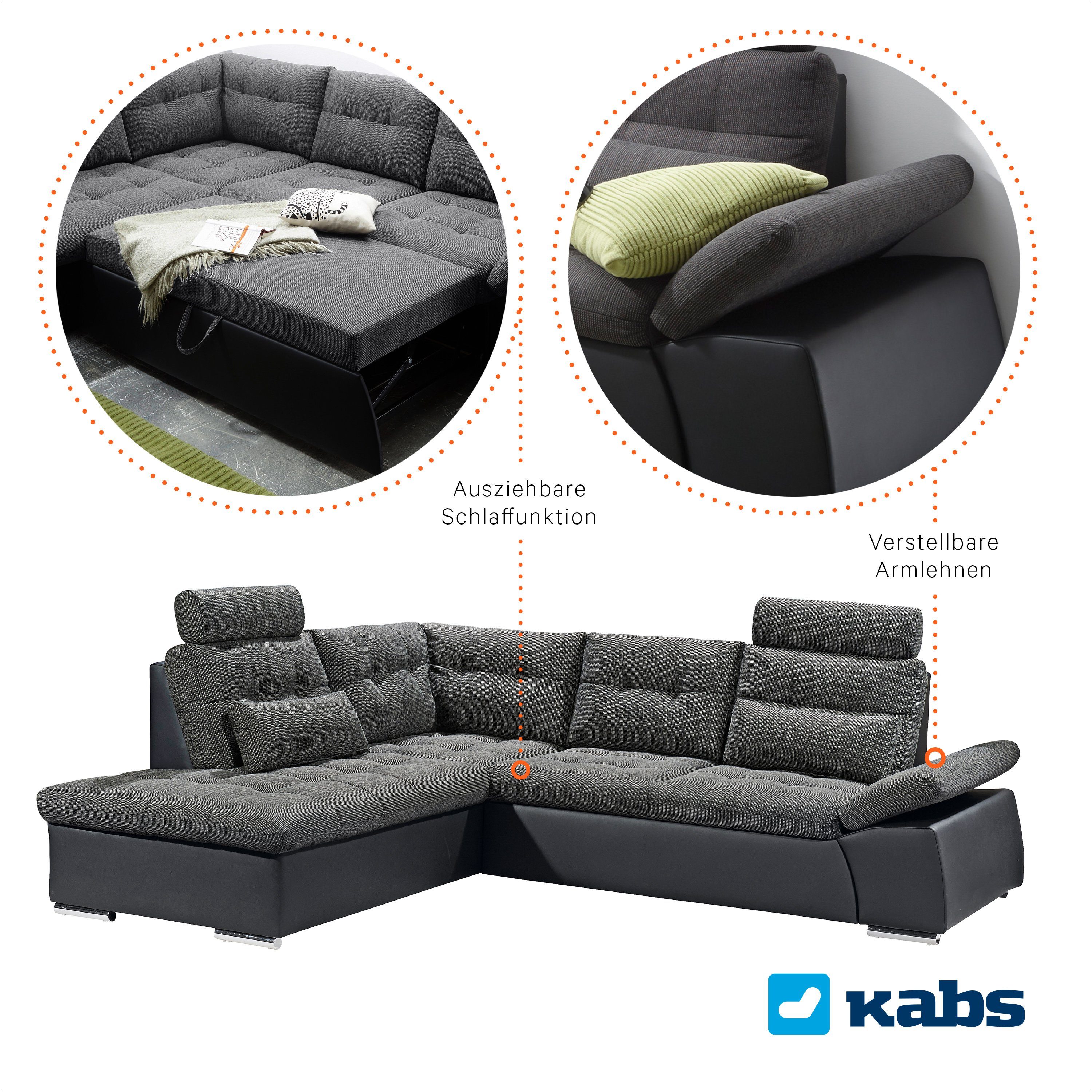 Kabs Polsterwelt Ecksofa Jakarta, Schlaffunktion, Umsteckbare Kopfstützen, Zierkissen, Maße: BxHxT: ca. 219 x 260 x 103 cm, Made in Europe