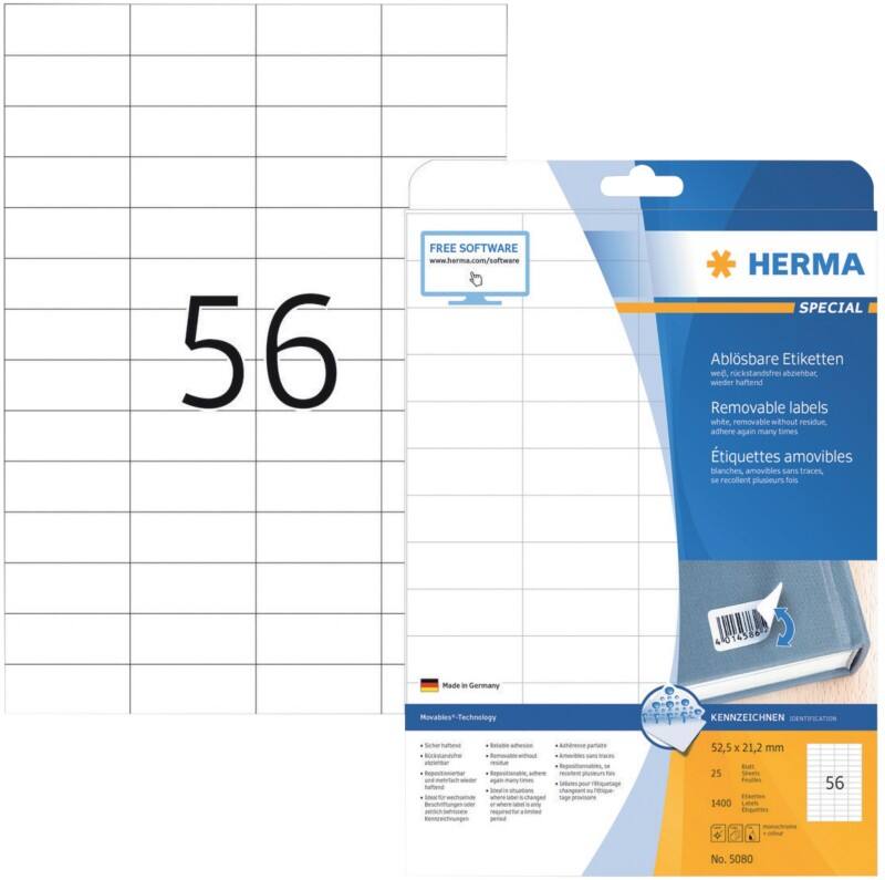 HERMA Wiederablösbare Etiketten 5080 Weiß Rechteckig 1400 Etiketten pro Packung