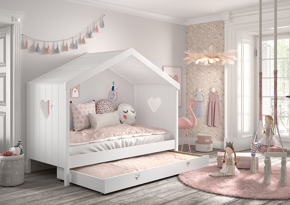 VIPACK Hausbett Amori mit Liegefläche 90 x 200 cm, inkl. Rolllattenrost und Bettschublade, Ausf. Kiefer und MDF weiß lackiert
