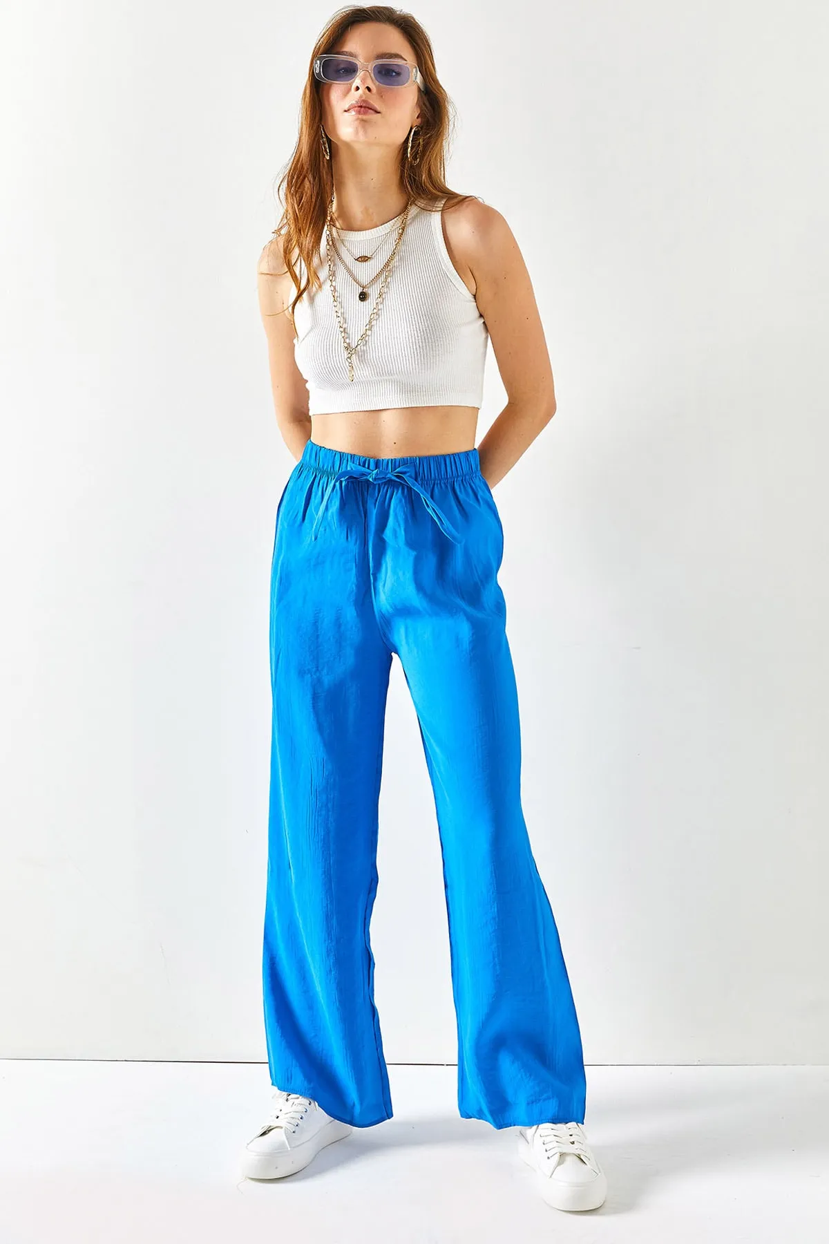 Olalook  Damen-Palazzo-Ayrobin-Hose mit Gürtel und elastischem Bund von Saks in Blau, PNT-19000200