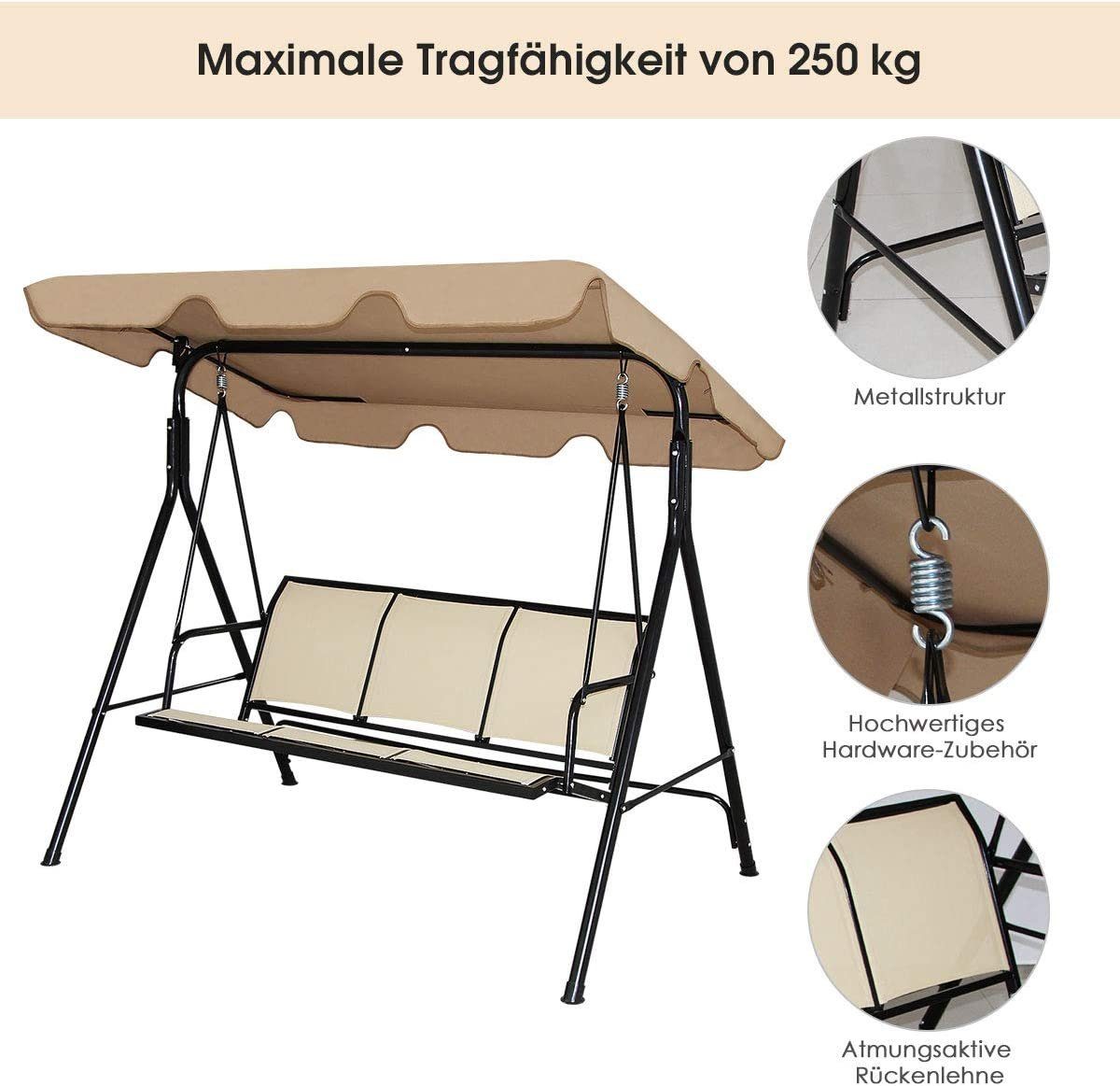 KOMFOTTEU Hollywoodschaukel Gartenschaukel, mit Sonnendach, 3-Sitzer
