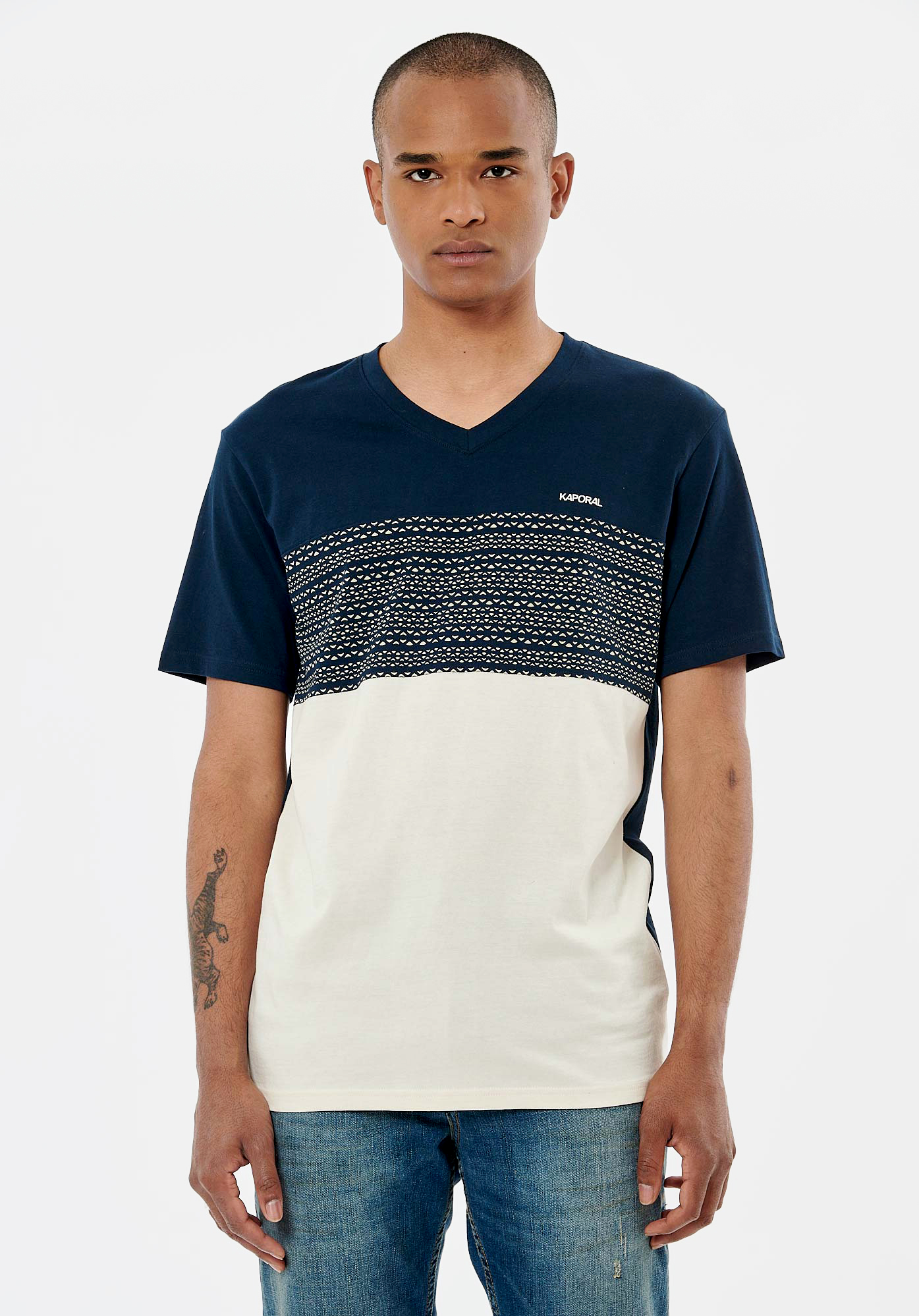 TEBA   T-shirt bleu marine et ecru homme 100% coton