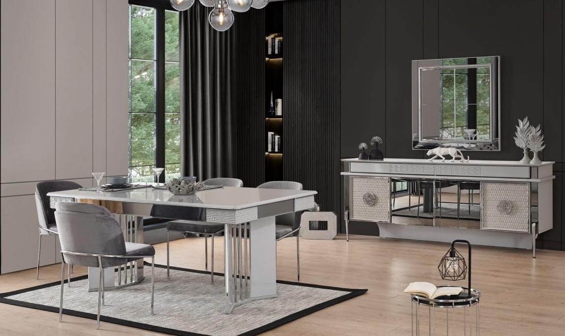 JVmoebel Esszimmer-Set Stuhlgruppe Essgruppe Esszimmer Esstisch Stühle Grau Holz Set 8tlg, (8-St., 1x Tisch + 6x Stühle + 1x Sideboard), Made in Europa