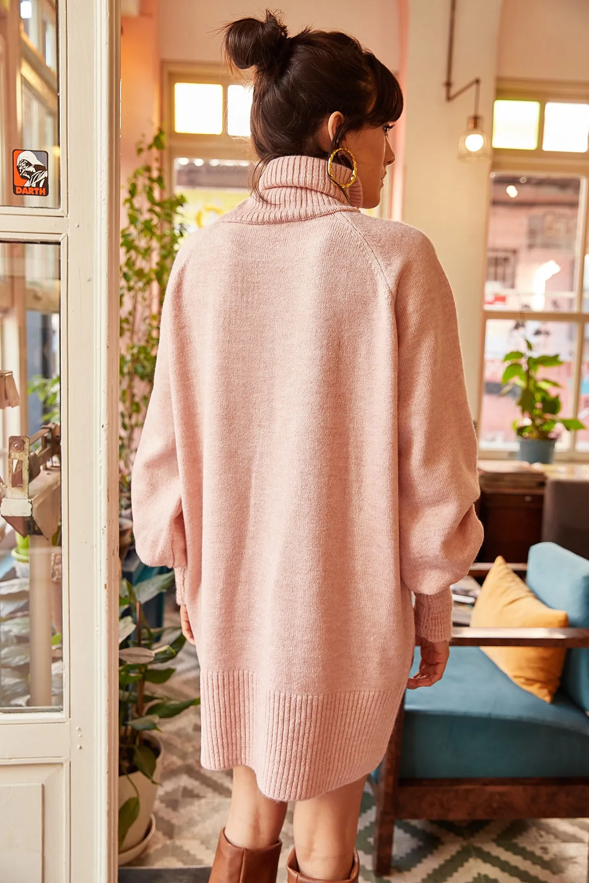 Olalook  Damen-Puder-Rollkragenpullover mit Ballonärmeln, lockeres Strickkleid ELB-19000867